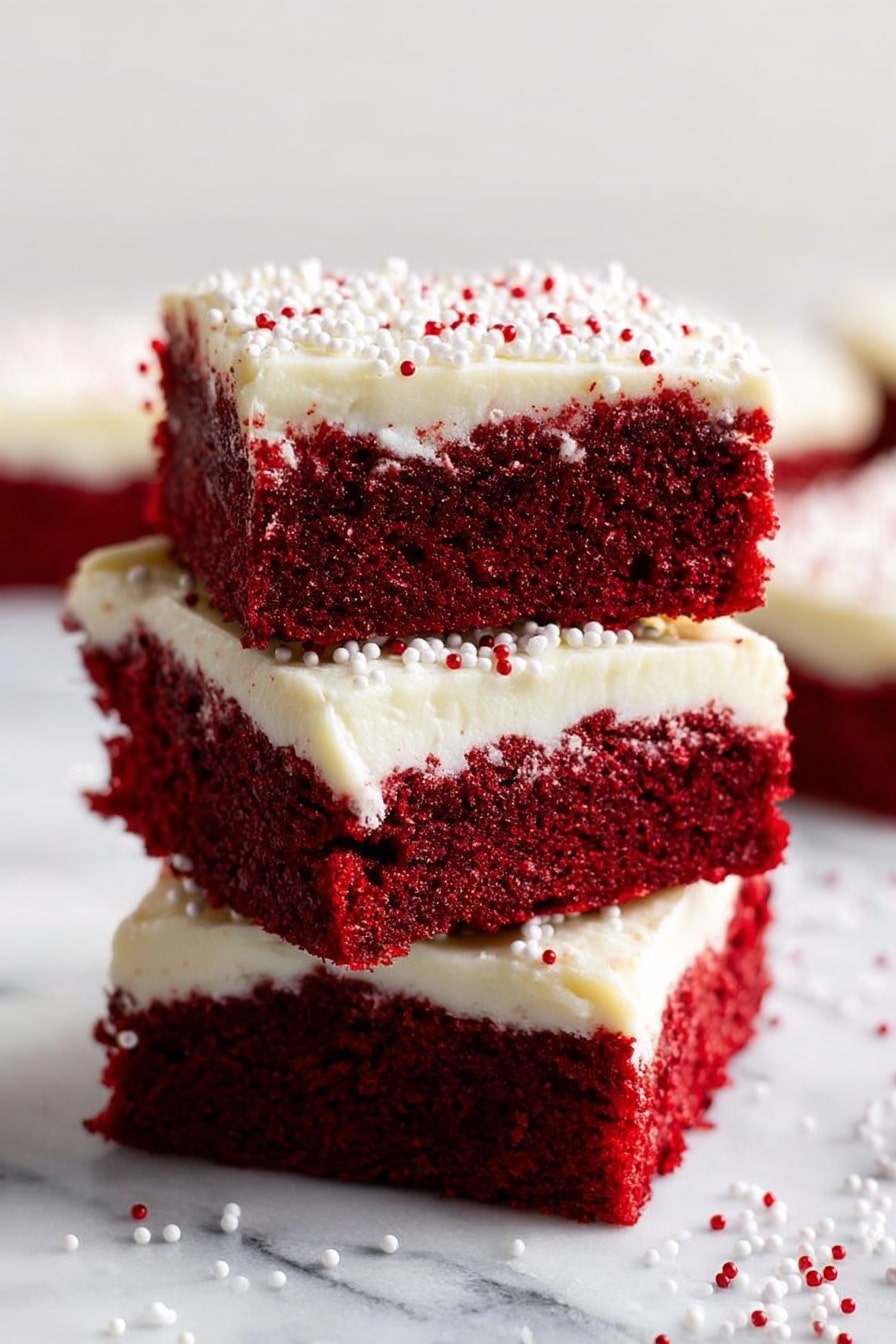 The image shows a stack of three square red velvet cake pieces, each with a thick layer of white cream cheese frosting on top. The cakes are deep red and moist in texture, while the frosting looks smooth and creamy with slightly uneven edges. Small white round sprinkles are scattered over the frosting and around the cakes on a white marbled surface. The background is soft and blurry, making the vibrant red cakes stand out. Photo taken with an iphone --ar 2:3 --v 7 - Red Velvet Cookie Bars with Cream Cheese Frosting, easy red velvet dessert, no-bake cookie bars, cream cheese frosting cookies, festive red velvet treats