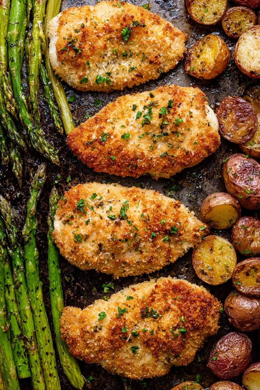 The image shows a sheet pan with four pieces of golden brown, crispy breaded chicken arranged in two rows at the center and bottom right. The chicken has a textured, crunchy coating with small green parsley flakes sprinkled on top. To the left side, there are long, thin green asparagus stalks, slightly charred and glistening with oil. Scattered around the chicken on the right side and partially under the chicken are small round roasted potato halves with a golden-brown surface and slight charring. The whole dish is placed on a dark pan surface with some oil spots and browned bits. photo taken with an iphone --ar 2:3 --v 7 - Crispy Parmesan Garlic Chicken sheet pan, baked chicken dinner, easy chicken sheet pan recipe, garlic parmesan chicken, weeknight chicken recipe