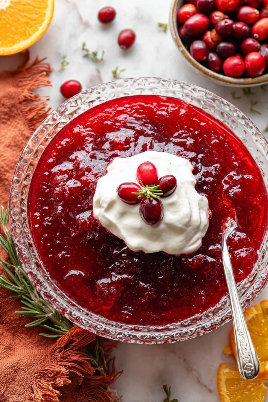 In this image, there is a clear glass bowl filled with a deep red, chunky sauce that looks thick and textured. On top of the sauce is a large dollop of white whipped cream with a smooth, fluffy texture. Three whole, shiny cranberries are placed on the whipped cream along with a small sprig of green rosemary and some fine orange zest strands adding contrast. A silver spoon rests on the edge of the bowl, scooping some of the red sauce. The bowl sits on a white marbled surface, and around it are scattered fresh red cranberries, green rosemary sprigs, and bright orange slices. Photo taken with an iphone --ar 2:3 --v 7 - Cranberry Jello Salad, Cranberry Jello Salad recipe, Easy Cranberry Jello Salad, Holiday Cranberry Salad, Fruit Jello Salad