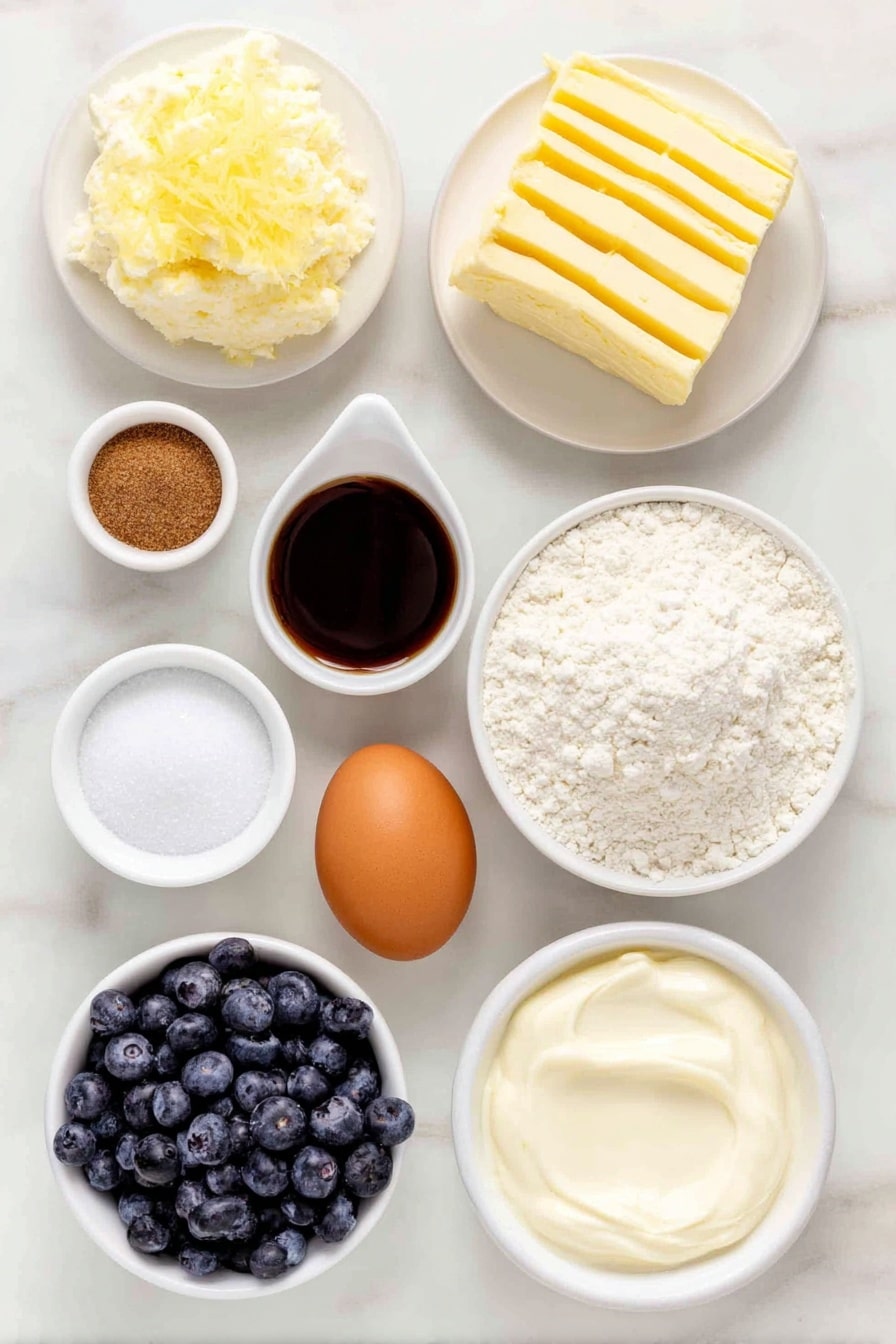 Flat lay of a small mound of unsalted butter softened, a few strips of fresh lemon zest, a small white bowl filled with granulated sugar, one whole brown egg with a clean shell, a small white bowl holding clear vanilla extract, a neat pile of all-purpose flour, a small white bowl with coarse salt, a small white bowl containing baking powder, a small heap of plump fresh blueberries, a small white bowl filled with creamy buttermilk, and a small white bowl with coarse sugar for topping, all arranged in perfect symmetry on a clean white marble surface, soft natural light, photo taken with an iPhone, professional food photography style, fresh ingredients, white ceramic bowls, no bottles, no duplicates, no utensils, no packaging --ar 2:3 --v 7 --p m7354615311229779997 - Blueberry Buttermilk Breakfast Cake, blueberry breakfast cake, citrus blueberry cake, blueberry brunch dessert, moisture blueberry baked goods