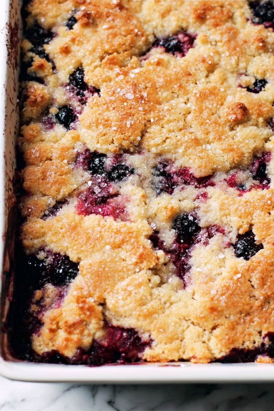 A close-up of a baked berry cobbler inside a white rectangular baking dish, showing one thick, uneven top layer with a golden-brown, crumbly texture scattered with dark purple and red berries underneath. The berries peek through the light tan crust, adding pops of color and moisture spots throughout. The batter appears soft yet crispy on the edges, with small sugar crystals sparkling on top. The background has a white marbled texture. photo taken with an iphone --ar 2:3 --v 7 - Blueberry Buttermilk Breakfast Cake, blueberry breakfast cake, citrus blueberry cake, blueberry brunch dessert, moisture blueberry baked goods