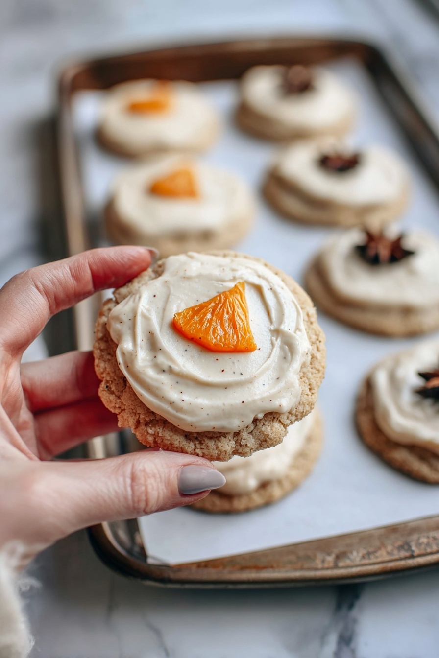 A white plate holds four round cookies with a light beige color and a slightly rough texture. Each cookie has a thick, creamy layer of light beige frosting spread evenly on top. Two cookies are decorated with a thin triangular slice of orange placed near the edge, while the other two cookies have a star anise placed in the center. The plate is set on a white marbled surface, and a cream-colored lace cloth is softly blurred in the background. photo taken with an iphone --ar 2:3 --v 7 - Spiced Orange Sugar Cookies, orange spice cookies, citrus sugar cookies, easy orange cookies, festive holiday cookies