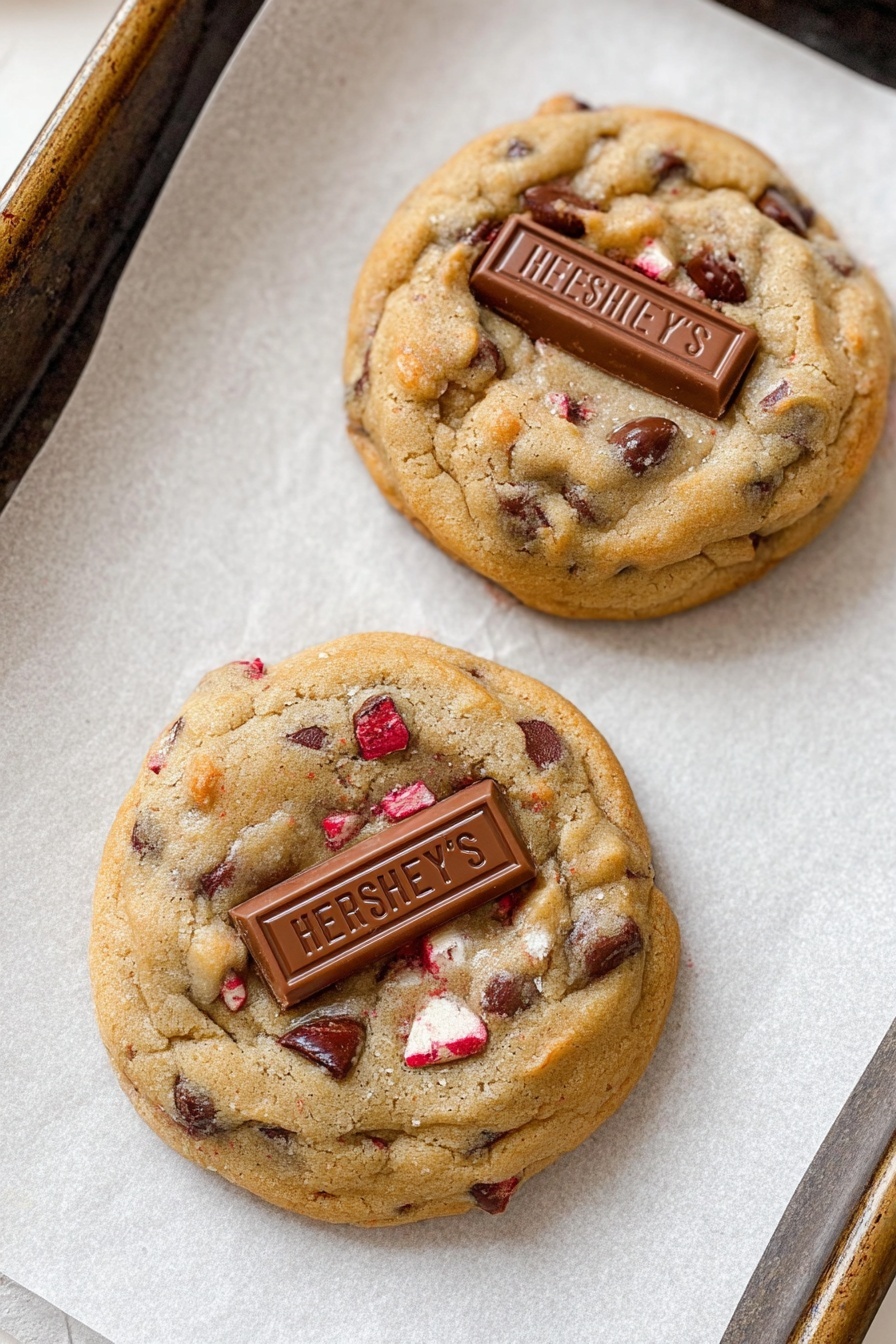 A close-up of a large cookie split in half on a white marbled surface, showing a soft, chewy texture with details of melted chocolate chips and small red pieces mixed through the golden-brown dough. Between the two halves, white marshmallow stretches out, adding gooeyness, while a rectangular piece of Hershey’s chocolate with sea salt flakes sits on top, slightly melted. Around the cookie, small broken peppermint candy pieces are scattered lightly. Photo taken with an iphone --ar 2:3 --v 7 - Chocolate Peppermint S'mores Cookies, festive cookies, peppermint chocolate cookies, holiday s'mores treats, winter dessert recipes