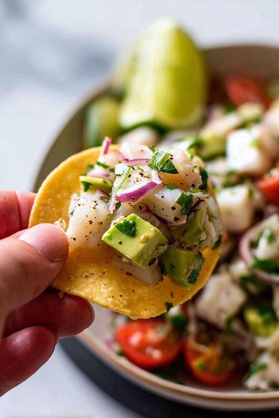 A close-up of a woman's hand holding a round, yellow tortilla chip filled with a colorful mix of diced white fish, green herbs, thin slices of purple onion, and small pieces of green avocado. The chip and topping show a fresh, moist texture with visible black pepper sprinkled on top. The chip hovers over a white bowl filled with more of the same fish mixture, cherry tomatoes, and lime wedges, all placed on a white marbled surface. photo taken with an iphone --ar 2:3 --v 7 - Fresh Fish Ceviche, ceviche recipe, seafood appetizer, quick ceviche, citrus seafood dish