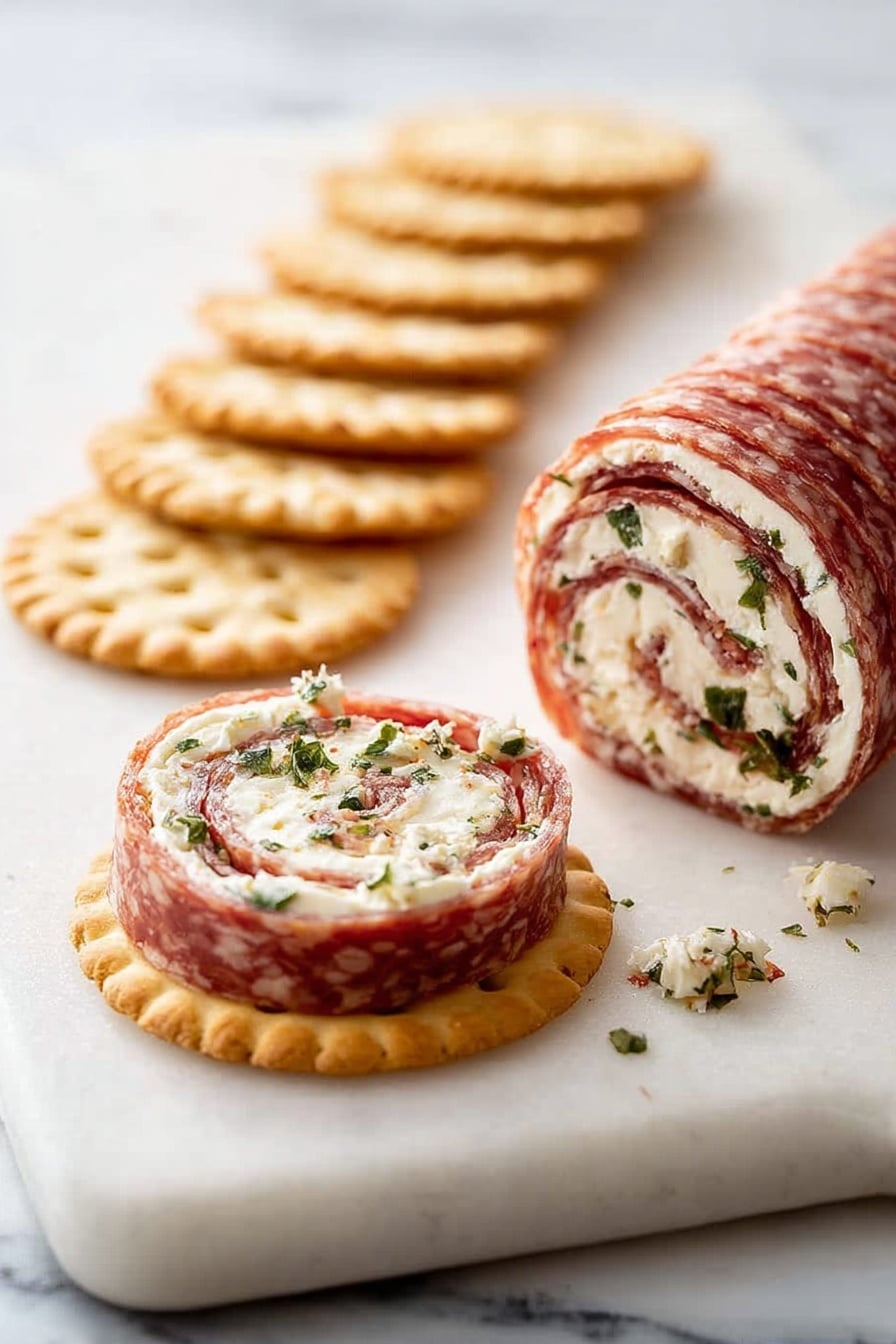 The image shows a white marbled surface with a sliced meat and cream cheese roll. The roll has three visible layers: an outer reddish-brown salami layer with a coarse texture, a thick creamy white cheese layer in the middle, and green capers with small herbs swirled inside towards the center. The roll is sliced into about four pieces, with one piece lying on a round, white cracker that has a ridged edge. Nearby, there is a shiny silver knife and scattered capers. In the upper right corner, a shallow white bowl holds green olives with some light yellow lemon slices. At the bottom right, there is the blurred top of a glass filled with a light-colored drink. Photo taken with an iphone --ar 2:3 --v 7 - Salami Cream Cheese Roll-Ups, easy appetizer recipes, no-cook party snacks, savory finger food, quick appetizer ideas