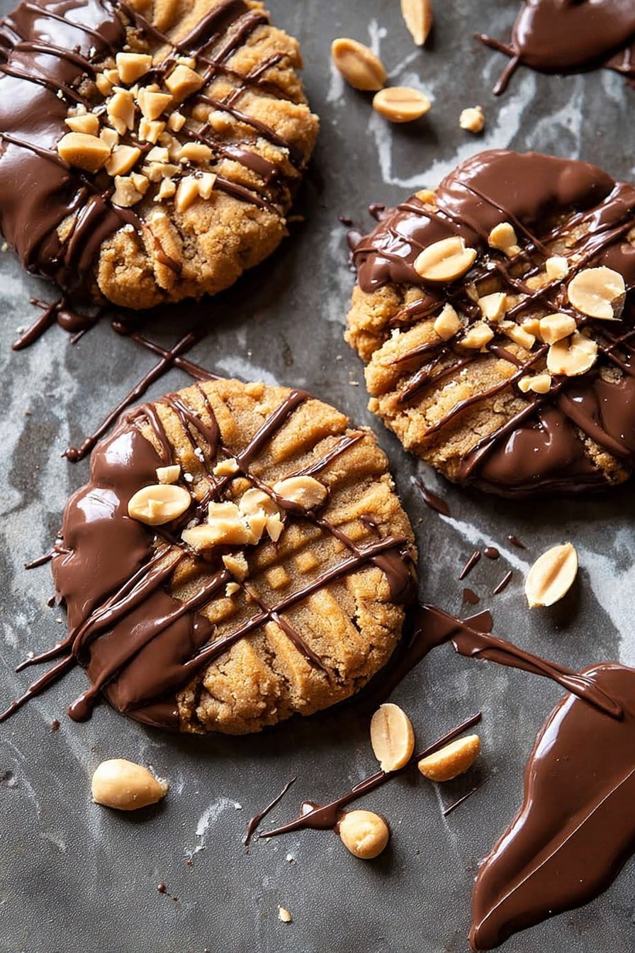 The image shows a stack of three thick peanut butter cookies, each with a rough, crumbly texture and light golden brown color. The top cookie is partially covered with a shiny layer of melted chocolate that drips slightly down the sides and is sprinkled with small pieces of crushed peanuts. To the right, a cookie is broken in half revealing a soft, dense inside that matches the outer color. In the front, another cookie lies flat, half covered with smooth melted chocolate and topped with crushed peanuts. The cookies rest on a dark surface with scattered bits of chocolate and peanuts around them, with a blurred white bowl in the background. photo taken with an iphone --ar 2:3 --v 7 - Chocolate Dipped Peanut Butter Cookies, peanut butter cookies with chocolate, healthy peanut butter cookies, easy homemade cookies, decadent chocolate cookies