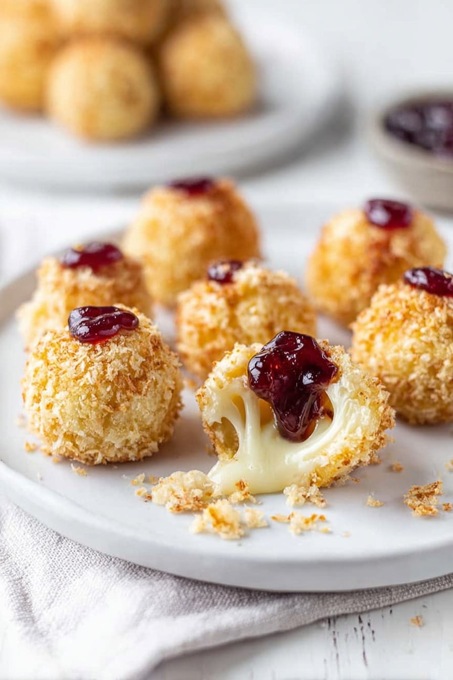 Small round cheese balls with a crumbly golden outside layer are arranged on a white plate placed on a white marbled texture. Some cheese balls are topped with a shiny, dark red jelly, while one cheese ball in the front is open, showing a soft, creamy inside with melted cheese stretching out. In the background, there is another white plate with more cheese balls slightly blurred. The whole scene has soft natural light. photo taken with an iphone --ar 2:3 --v 7 - Coconut Crusted Brie Quinoa Bites, appetizer recipes, holiday party appetizers, cheese and quinoa snacks, coconut crusted cheese bites