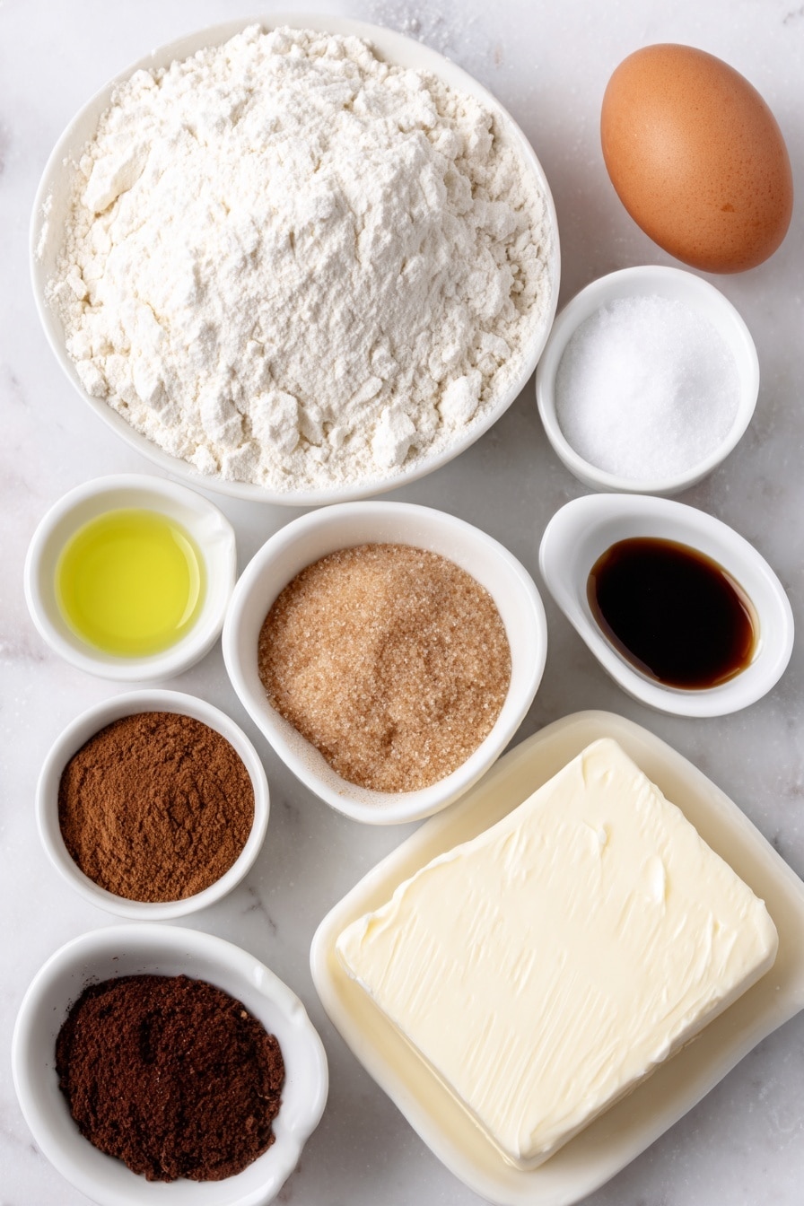 Flat lay of a small mound of all-purpose flour, a few grains of baking powder and baking soda scattered neatly, a small pile of fine salt crystals, a small heap of ground ginger, ground cinnamon, ground cloves, and ground nutmeg each arranged separately, a chunk of unsalted butter at room temperature, a small white ceramic bowl with golden canola oil, a small heap of packed brown sugar, a small white bowl containing pure vanilla extract, a small white bowl with dark molasses, one large uncracked brown egg, a small white bowl filled with creamy buttermilk, a block of cream cheese, and a small white bowl of sifted powdered sugar; all ingredients fresh and natural, precisely spaced with perfect symmetry on a clean white marble surface, soft natural light, photo taken with an iPhone, professional food photography style, fresh ingredients, white ceramic bowls, no bottles, no duplicates, no utensils, no packaging --ar 2:3 --v 7 --p m7354615311229779997 - Gingerbread Cupcakes with Cream Cheese Frosting, spiced Christmas cupcakes, holiday gingerbread treats, easy gingerbread cupcake recipe, festive dessert recipes