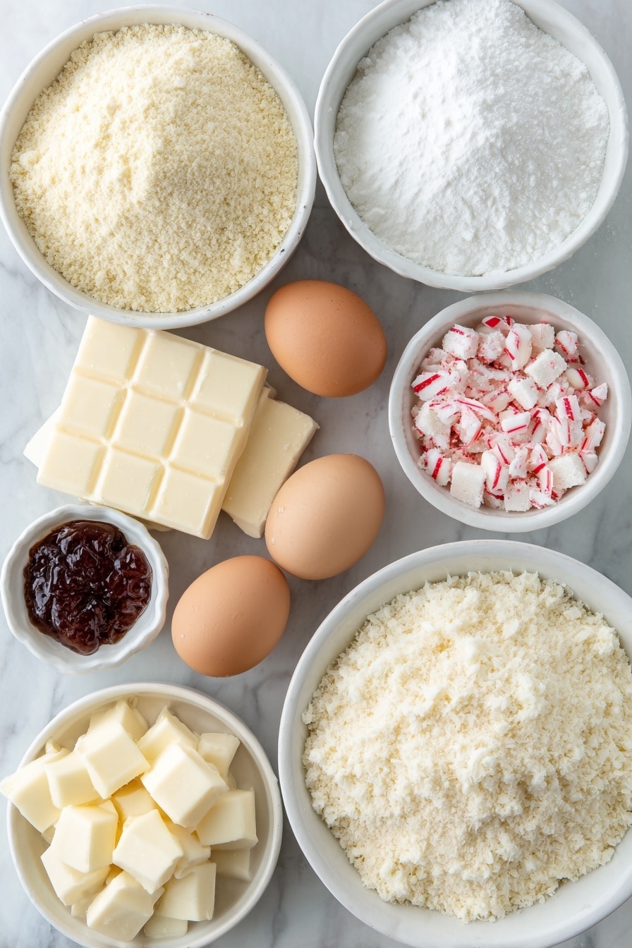 Flat lay of a small white ceramic bowl of superfine almond flour, a small white ceramic bowl of confectioners' sugar, three whole uncracked brown eggs, a small white ceramic bowl of superfine white sugar, a small white ceramic bowl with a few drops of red gel food coloring, a few squares of fresh white chocolate, a small white ceramic bowl with crushed peppermint candy canes, a few cubes of softened unsalted butter, a small white ceramic bowl of confectioners' sugar for buttercream, and a small white ceramic bowl containing clear peppermint extract placed on a clean white marble surface, soft natural light, photo taken with an iPhone, professional food photography style, fresh ingredients, white ceramic bowls, no bottles, no duplicates, no utensils, no packaging --ar 2:3 --v 7 --p m7354615311229779997 - Peppermint Macarons with White Chocolate Topping, Festive Macaron Recipes, Holiday Dessert Ideas, Mint Chocolate Macarons, Easy Macaron Recipes
