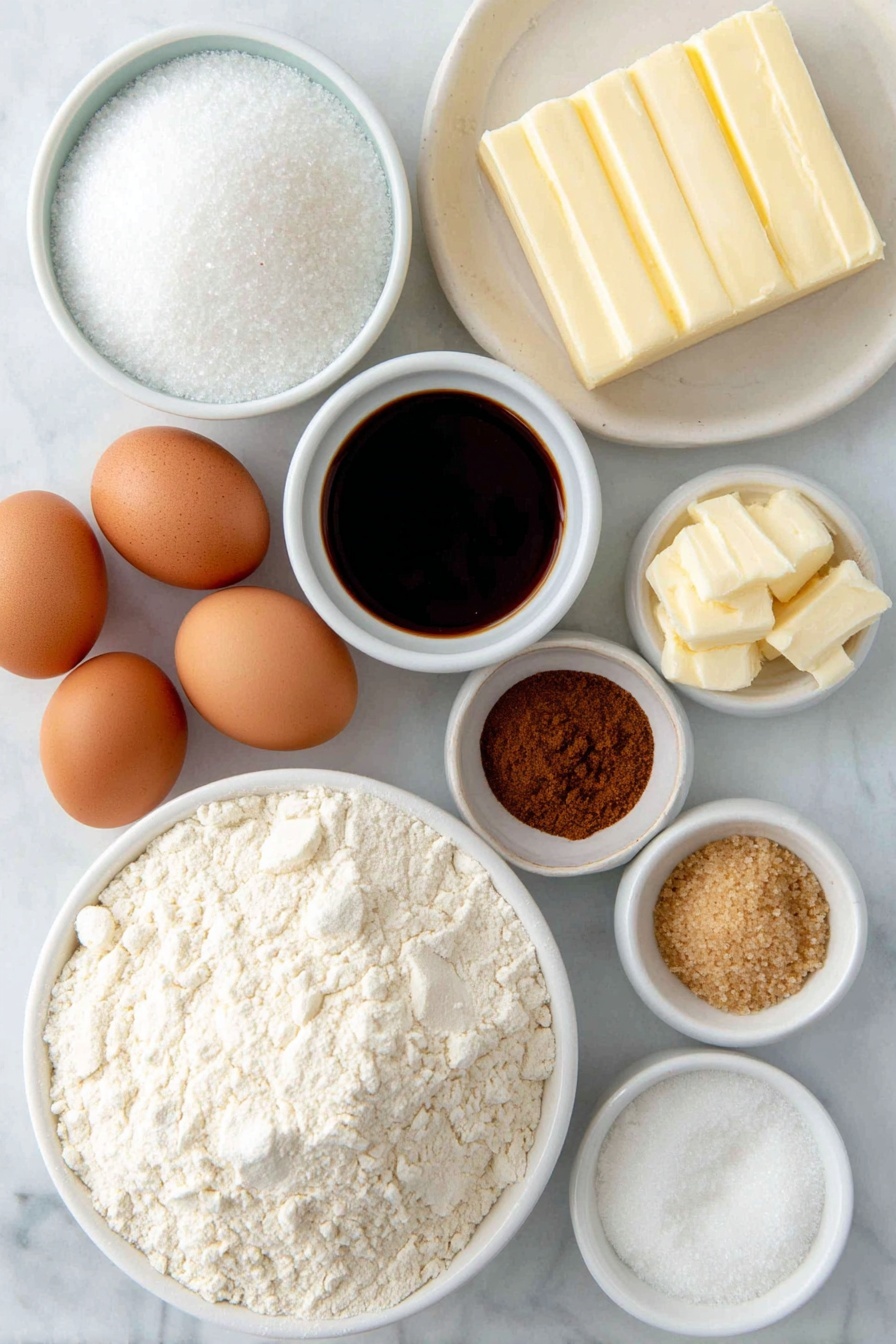 Flat lay of a mound of all-purpose flour in a simple white ceramic bowl, a small white bowl filled with coarse granulated sugar, a few whole brown eggs with smooth clean shells, a small white bowl of dark glossy molasses, a portion of softened unsalted butter shaped into a neat rectangle on a small white plate, a few sprinkles of ground cinnamon, ground ginger, ground cloves, and ground nutmeg arranged delicately on separate small white bowls, a small white bowl with golden packed brown sugar, and a small white bowl with light granulated sugar, all ingredients placed symmetrically and balanced on a clean white marble surface, soft natural light, photo taken with an iPhone, professional food photography style, fresh ingredients, white ceramic bowls, no bottles, no duplicates, no utensils, no packaging --ar 2:3 --v 7 --p m7354615311229779997 - Molasses Cookies with Spiced Sugar Coating, ginger molasses cookies, holiday spiced cookies, chewy molasses cookies, warm spice cookies