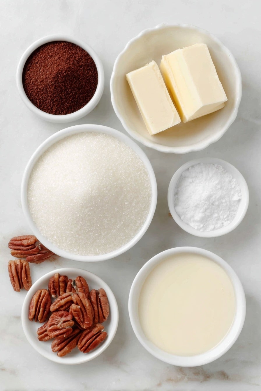 Flat lay of granulated sugar in a small white bowl, dark brown sugar in a small white bowl, evaporated milk in a small white bowl, a quarter cup of unsalted butter block, pecan halves scattered naturally, a small white bowl of vanilla extract, a small white bowl of salt, and a tiny heap of baking soda powder placed together with perfect symmetry on a clean white marble surface, soft natural light, photo taken with an iPhone, professional food photography style, fresh ingredients, white ceramic bowls, no bottles, no duplicates, no utensils, no packaging --ar 2:3 --v 7 --p m7354615311229779997 - Easy Pecan Pralines, pecan pralines ingredients, homemade pecan candies, Southern pralines, how to make pralines