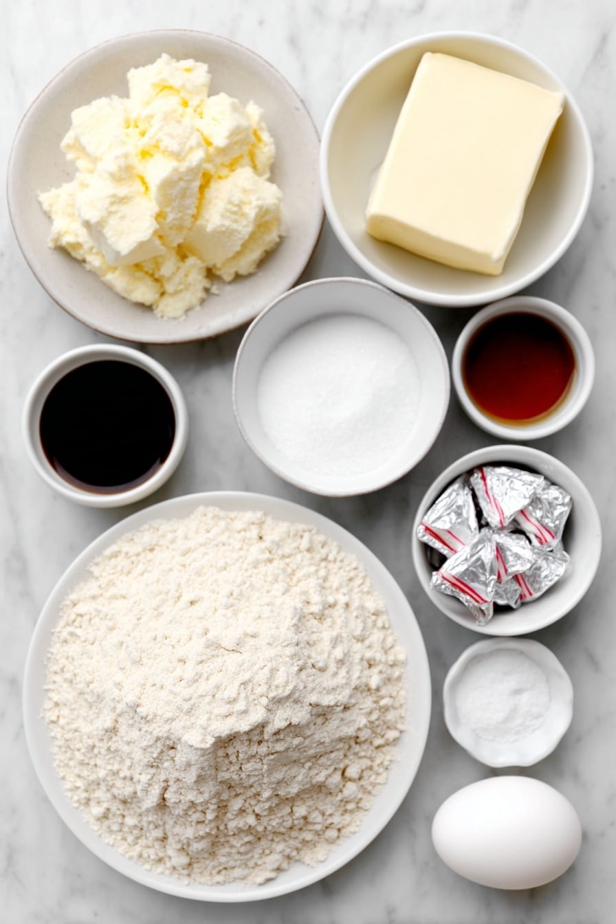 Flat lay of a small mound of all purpose flour on a simple white ceramic plate, a small white ceramic bowl of kosher salt, a small white ceramic bowl with baking powder, a soft block of unsalted butter on a white ceramic dish, a small white ceramic bowl filled with white sugar, one large whole egg with a clean shell, a small white ceramic bowl of clear vanilla extract, a small white ceramic bowl of clear peppermint extract, a small white ceramic bowl containing crushed red and white candy canes, and several unwrapped silver foil-wrapped peppermint Hershey's Kisses arranged neatly on a simple white ceramic dish, placed on a clean white marble surface, soft natural light, photo taken with an iPhone, professional food photography style, fresh ingredients, white ceramic bowls, no bottles, no duplicates, no utensils, no packaging --ar 2:3 --v 7 --p m7354615311229779997 - Peppermint Kiss Cookies, holiday cookies, minty cookie recipe, chocolate peppermint cookies, festive cookie treats
