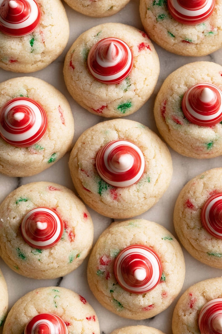 The image shows a close-up of soft cookies arranged tightly together on a white marbled surface. Each cookie has one layer, a light beige dough with small red and green specks mixed inside, giving a festive look. At the center of each cookie is a round, glossy red and white striped candy held slightly sunk into the dough, creating a smooth contrast with the soft cookie texture. The candy caps the cookie and adds a bold pop of color to the otherwise pale dough. The photo taken with an iphone --ar 2:3 --v 7 - Peppermint Kiss Cookies, holiday cookies, minty cookie recipe, chocolate peppermint cookies, festive cookie treats