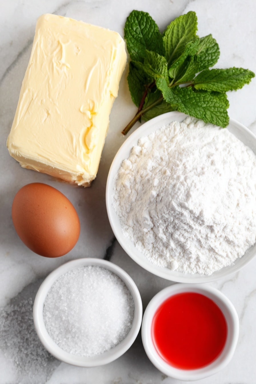 Flat lay of a small slab of unsalted butter, a small white ceramic bowl filled with fine confectioners' sugar, one whole uncracked brown egg, a few fresh green peppermint leaves arranged beside a small white bowl of clear vanilla extract, a small white bowl with pure white all-purpose flour, a small white bowl containing vibrant red liquid food coloring, a pinch of fine white salt crystals scattered near a small white bowl of granulated sugar grains, all arranged symmetrically on simple white ceramic dishes, placed on a clean white marble surface, soft natural light, photo taken with an iPhone, professional food photography style, fresh ingredients, white ceramic bowls, no bottles, no duplicates, no utensils, no packaging --ar 2:3 --v 7 --p m7354615311229779997 - Candy Cane Cookies with Peppermint Flavor, holiday peppermint cookies, festive peppermint sugar cookies, Christmas peppermint treat, homemade peppermint cookies