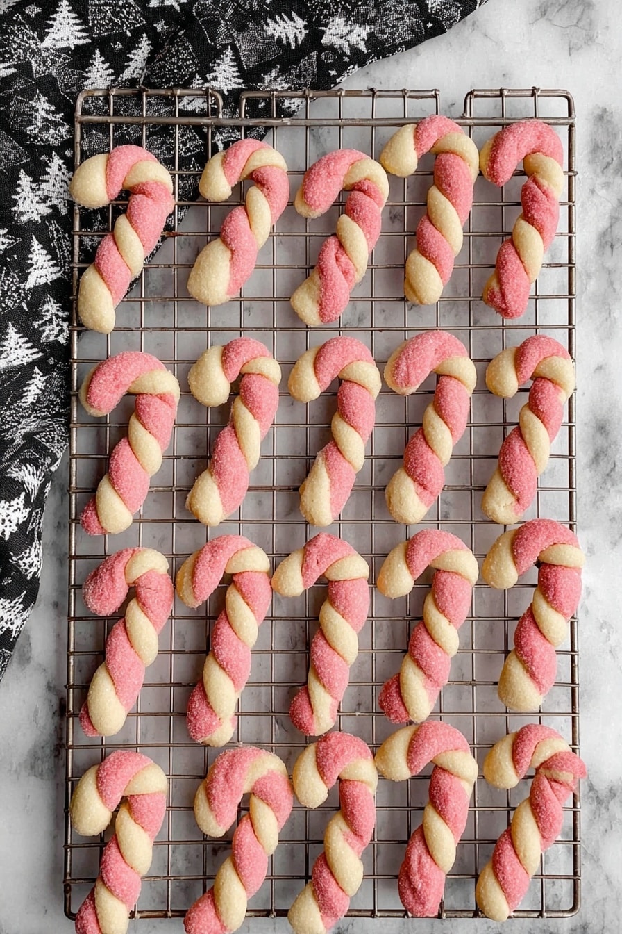 This image shows a cooling rack full of twisted candy cane-shaped cookies. Each cookie is made of two colors twisted together: a bright red and a light cream color, creating a striped pattern. The cookies have a slightly rough texture, indicating a baked surface, and they are laid out in rows covering the entire metal rack. To the top left of the rack, part of a black and white cloth with tree patterns is visible. The background is a white marbled surface. Photo taken with an iphone --ar 2:3 --v 7 - Candy Cane Cookies with Peppermint Flavor, holiday peppermint cookies, festive peppermint sugar cookies, Christmas peppermint treat, homemade peppermint cookies
