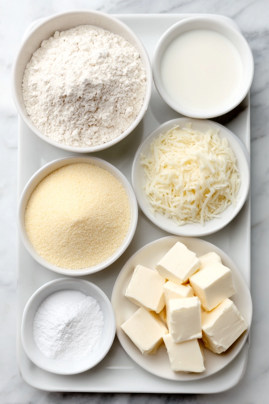 Flat lay of a small mound of all-purpose flour, a small bowl filled with fine yellow cornmeal, a few teaspoons of baking powder and baking soda arranged as tiny piles, a pinch of salt in a small white bowl, small cubes of very cold butter stacked neatly, a pile of shredded sharp white cheddar cheese, a small white bowl with cold buttermilk, all ingredients naturally fresh and unprocessed, balanced and symmetrical layout on a simple white ceramic plate and bowls, placed on a clean white marble surface, soft natural light, photo taken with an iPhone, professional food photography style, fresh ingredients, white ceramic bowls, no bottles, no duplicates, no utensils, no packaging --ar 2:3 --v 7 --p m7354615311229779997 - Cheddar Cornmeal Biscuits, cheesy cornmeal biscuits, easy biscuit recipe, savory breakfast biscuits, crispy cornmeal biscuits