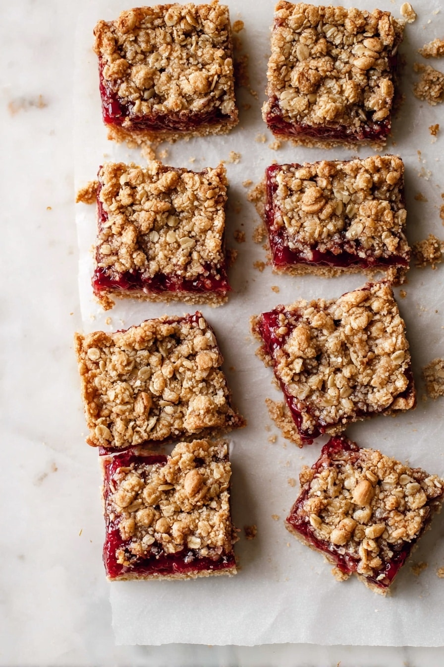 Nine square oat bars are arranged in a 3x3 grid on a sheet of parchment paper over a white marbled surface. Each bar has three clear layers: the top and bottom layers are golden brown oat crumb, textured with visible rolled oats and small nut pieces, while the middle layer is a deep red fruit filling that peeks out slightly around the edges. The bars look crumbly and slightly uneven around the sides, and small oat crumbs are scattered on the parchment paper nearby. The lighting is soft and natural, emphasizing the warm tones of the oat topping and the contrast with the rich berry layer. Photo taken with an iphone --ar 2:3 --v 7 - Cranberry Oat Bars with Pecan Topping, cranberry oat dessert, easy holiday bar recipe, tart cranberry bars, pecan oat crumble bars
