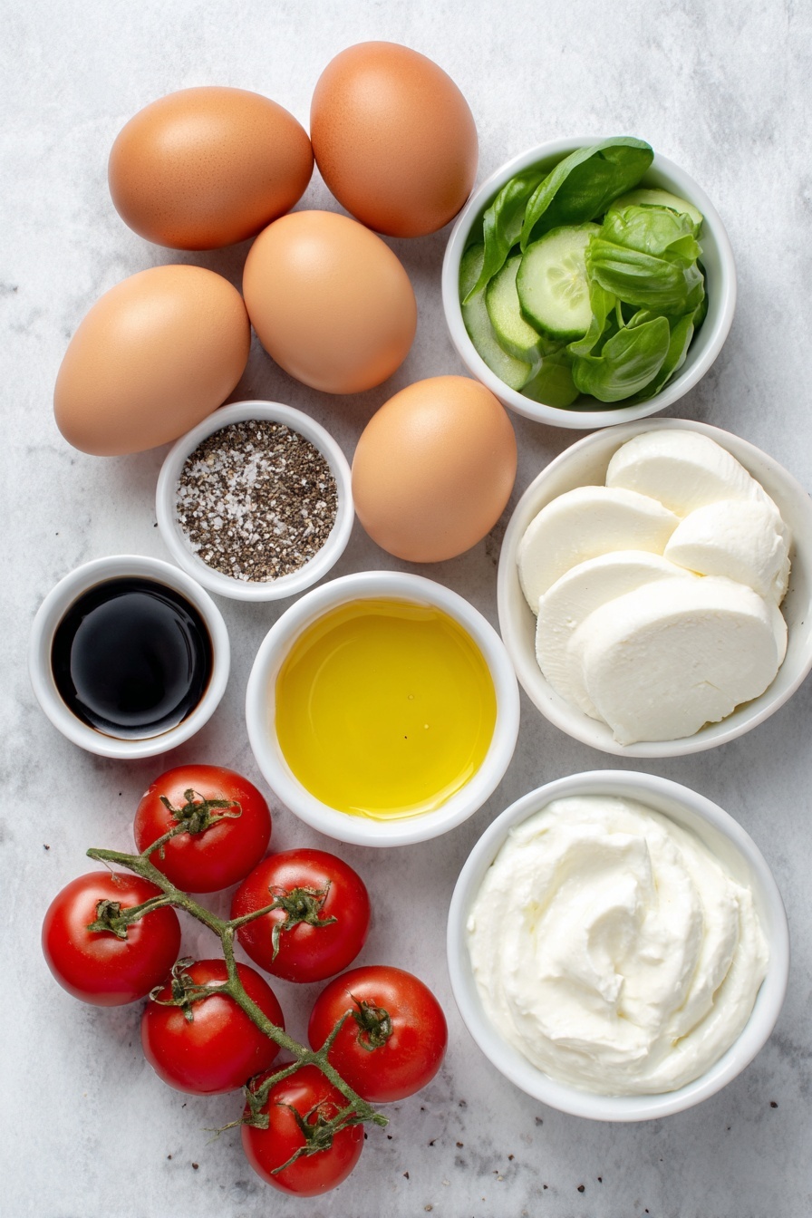 Flat lay of eight whole brown eggs with smooth shells, a small white bowl with fresh cream, a small white bowl filled with thinly sliced bright green basil leaves, a small white bowl of coarse salt crystals, a small white bowl containing ground black pepper, a small white bowl with golden avocado oil, a simple stack of fresh mozzarella cheese slices, a cluster of ripe red cherry tomatoes still on the vine, and a small white bowl with dark glossy balsamic vinegar placed symmetrically on a clean white marble surface, soft natural light, photo taken with an iPhone, professional food photography style, fresh ingredients, white ceramic bowls, no bottles, no duplicates, no utensils, no packaging --ar 2:3 --v 7 --p m7354615311229779997 - Caprese Frittata with Tomatoes and Mozzarella, easy Caprese breakfast, tomato and mozzarella frittata, quick breakfast recipes, Italian frittata ideas