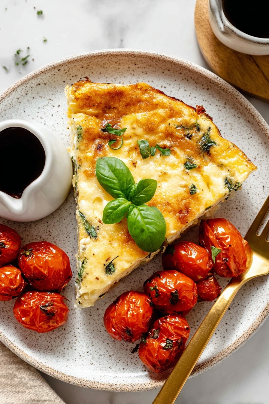 A round skillet filled with a cooked frittata featuring a golden-brown top with lightly browned edges. The frittata has melted white cheese melted in patches across its surface. Bright red roasted cherry tomatoes are scattered evenly on top, with some slightly charred, and small pieces of green basil leaves are sprinkled across the dish. The skillet rests on a white marbled surface with a small bowl of fresh green herbs and a white bowl with a creamy sauce nearby. photo taken with an iphone --ar 2:3 --v 7 - Caprese Frittata with Tomatoes and Mozzarella, easy Caprese breakfast, tomato and mozzarella frittata, quick breakfast recipes, Italian frittata ideas