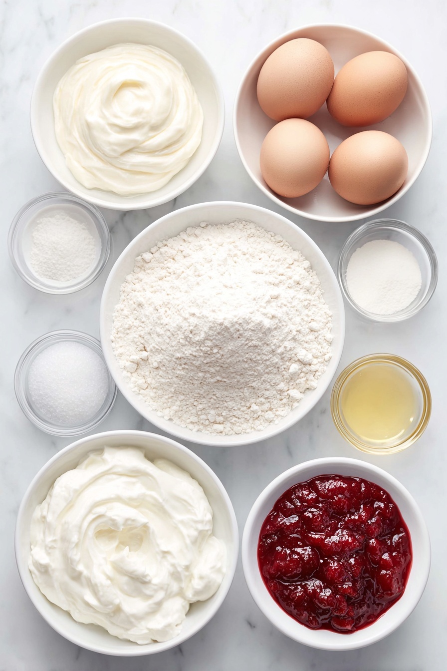 Flat lay of a small mound of all-purpose flour in a simple white ceramic bowl, a white ceramic bowl with fine baking powder powder, another with fine salt, three whole brown eggs arranged neatly, a white ceramic bowl filled with thick creamy full-fat Greek yogurt, a white ceramic bowl with granulated sugar, a white ceramic bowl holding golden vegetable oil, a white ceramic bowl containing clear vanilla extract, and a white ceramic bowl with vibrant red cranberry sauce — all ingredients fresh and natural, perfectly balanced and symmetrical, placed on a clean white marble surface, soft natural light, photo taken with an iPhone, professional food photography style, fresh ingredients, white ceramic bowls, no bottles, no duplicates, no utensils, no packaging --ar 2:3 --v 7 --p m7354615311229779997 - Cranberry Swirl Pound Cake, festive cranberry pound cake, moist cranberry pound cake, holiday cranberry dessert, easy cranberry pound cake