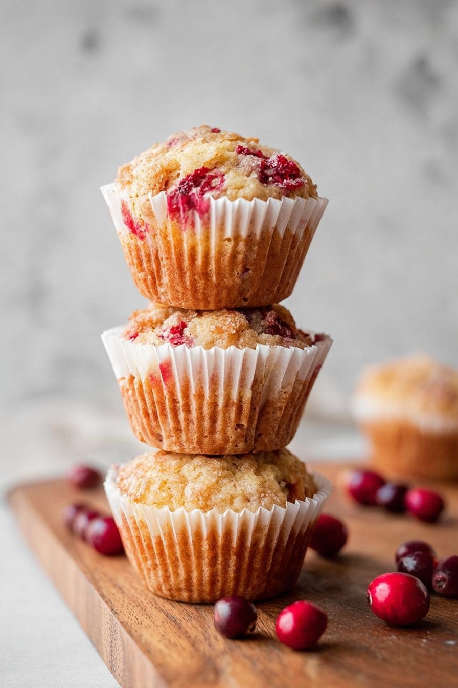 The image shows six muffins with a rough, crumbly top studded with bright red cranberries. One muffin is in the front on a wooden board, surrounded by a few loose cranberries scattered on the board and wooden surface below. The muffins' paper liners are white and slightly wrinkled, holding the golden brown baked texture with visible red berry spots. The background is soft and light, and the whole scene is set on a white marbled surface. photo taken with an iphone --ar 2:3 --v 7 - Cranberry Yogurt Muffins, cranberry muffins, yogurt muffins, healthy breakfast muffins, easy cranberry muffin recipe