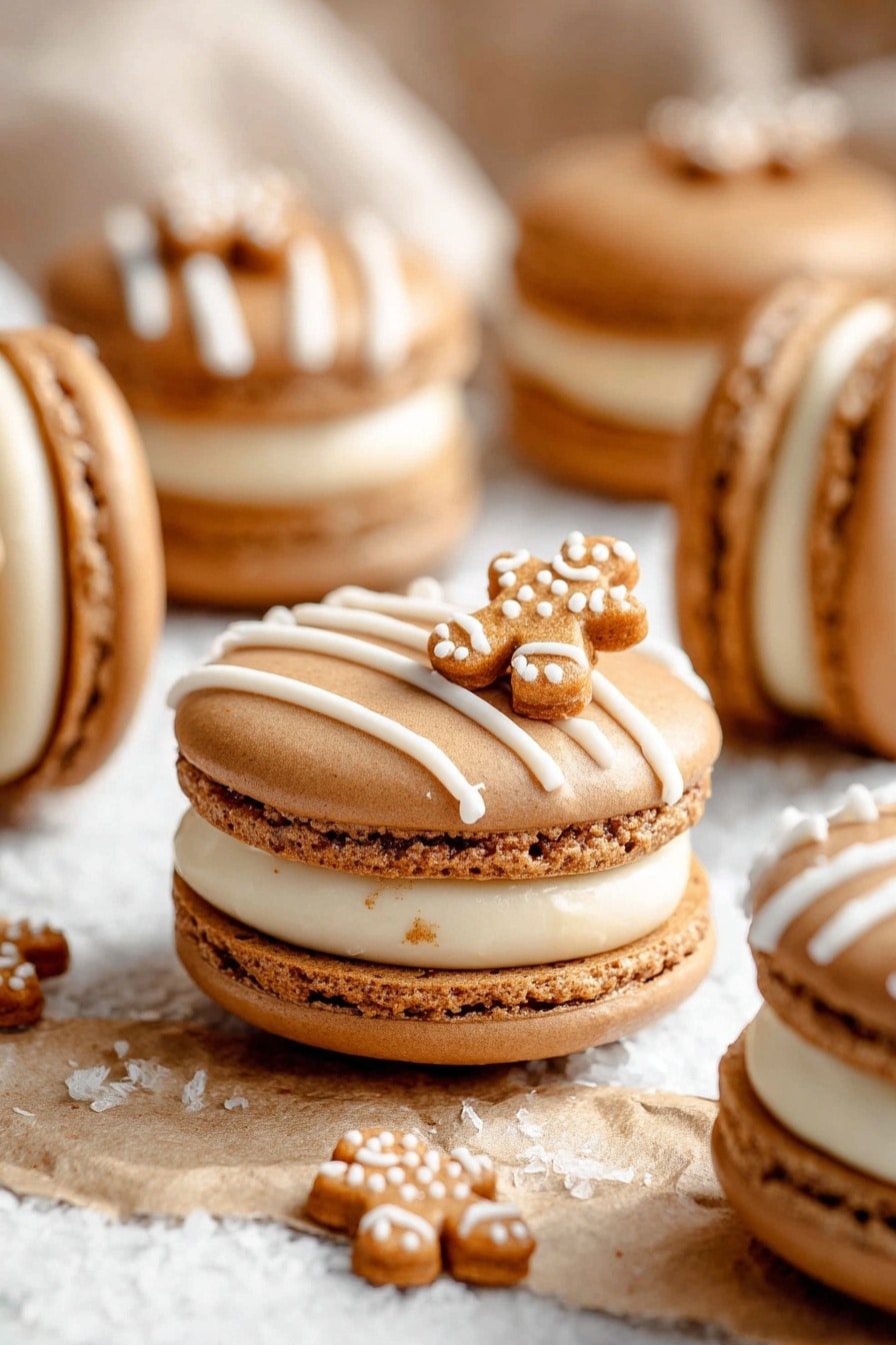The image shows several brown macarons arranged on crinkled paper over a white marbled surface. Each macaron has two smooth light brown cookie shells with a creamy beige filling sandwiched between them. On top of some macarons, there is a drizzle of white icing and small gingerbread man-shaped sprinkles scattered, adding texture and detail. The focus is sharp on the front macaron, while the others fade softly into the background, creating a warm and inviting look. Photo taken with an iphone --ar 2:3 --v 7 - Gingerbread Macarons with Molasses Buttercream, holiday gingerbread macarons, spice-filled cookie recipes, DIY festive macarons, homemade holiday treats