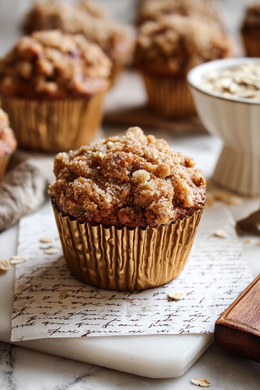 A stack of three muffins with crumbly, rough, golden-brown tops are shown, each muffin wrapped in shiny gold foil liners that catch the light with glossy reflections; the muffins have textured, bumpy surfaces with a mix of golden and darker brown shades, suggesting a crumb topping, all placed on a worn piece of parchment with faint writing, resting on a wooden board with part of a red apple visible to the right, the background is a soft blur with warm cream tones, and the surface below is changed to a white marbled texture photo taken with an iphone --ar 2:3 --v 7 - Cinnamon Apple Oatmeal Muffins, healthy breakfast muffins, apple oatmeal muffins, cinnamon muffin recipes, easy apple muffins