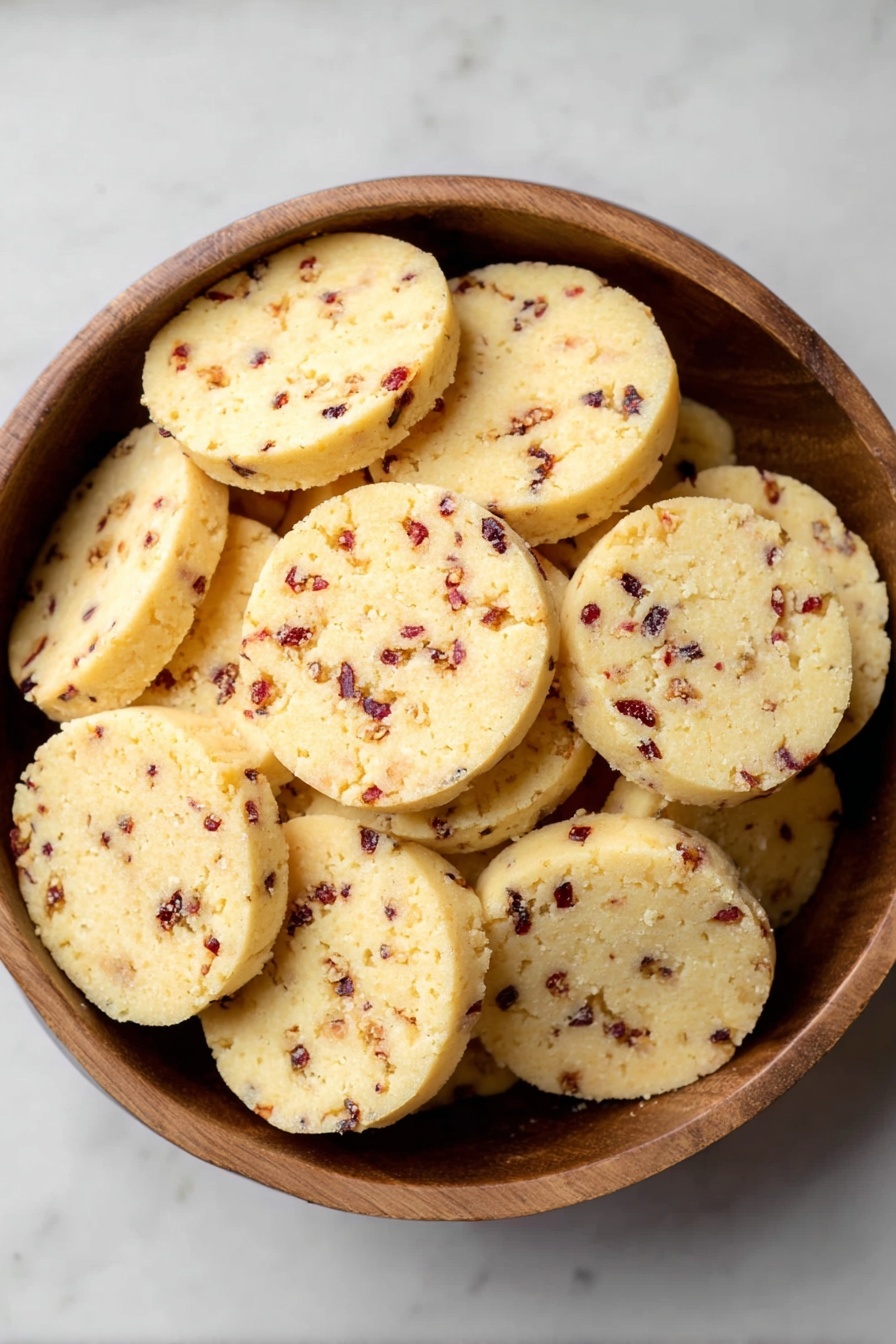 The image shows many round, pale yellow cookies with small dark red and black pieces mixed inside, laid out closely on a white marbled surface. Each cookie has a smooth top and slightly rough edges, with the dark bits scattered unevenly through the dough. The focus is on the front row of cookies, while the background cookies gently blur, creating depth. photo taken with an iphone --ar 2:3 --v 7 - Cranberry Orange Shortbread Cookies, cranberry orange shortbread, citrus cranberry cookies, holiday shortbread cookies, easy fruit shortbread