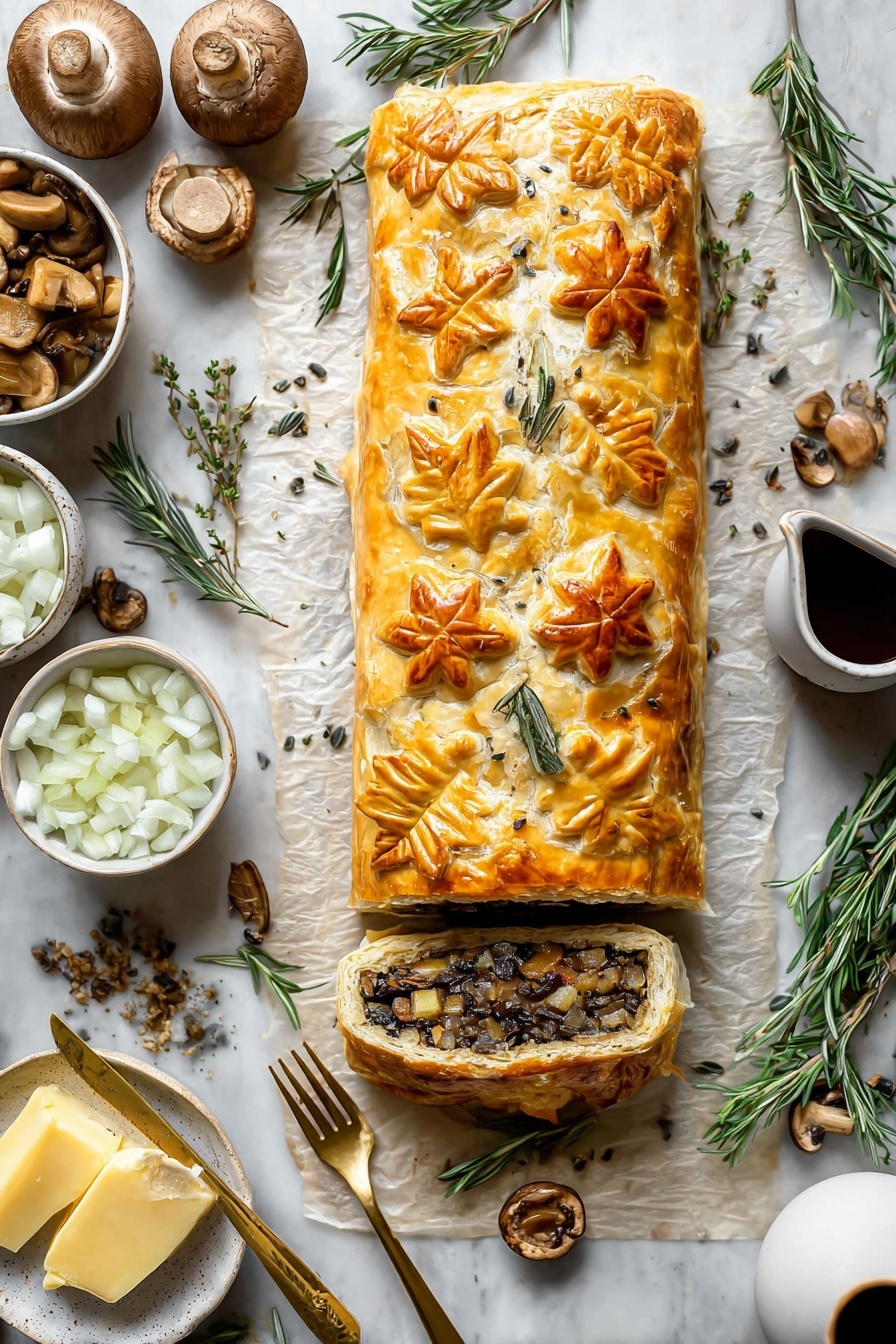 The image shows a thick slice of savory pastry with two distinct layers: a flaky, golden brown crust on the outside and a dense, textured filling inside made of finely chopped vegetables, mainly dark mushrooms and orange carrots, mixed with herbs. The top crust appears shiny and crisp with some cracks, while the filling looks moist and chunky. A sprig of fresh rosemary rests on top of the pastry. Around the base of the slice, a few crushed nuts are scattered, adding rustic detail. The slice is placed on a white ceramic square block, set on a surface with a white marbled texture. Soft, neutral tones fill the background with blurred shapes suggesting kitchen items, and a gold fork is partially visible near the bottom right corner. Photo taken with an iphone --ar 2:3 --v 7 - Mushroom Wellington, Mushroom Wellington recipe, vegetarian Wellington, holiday vegetarian main, flaky mushroom pastry