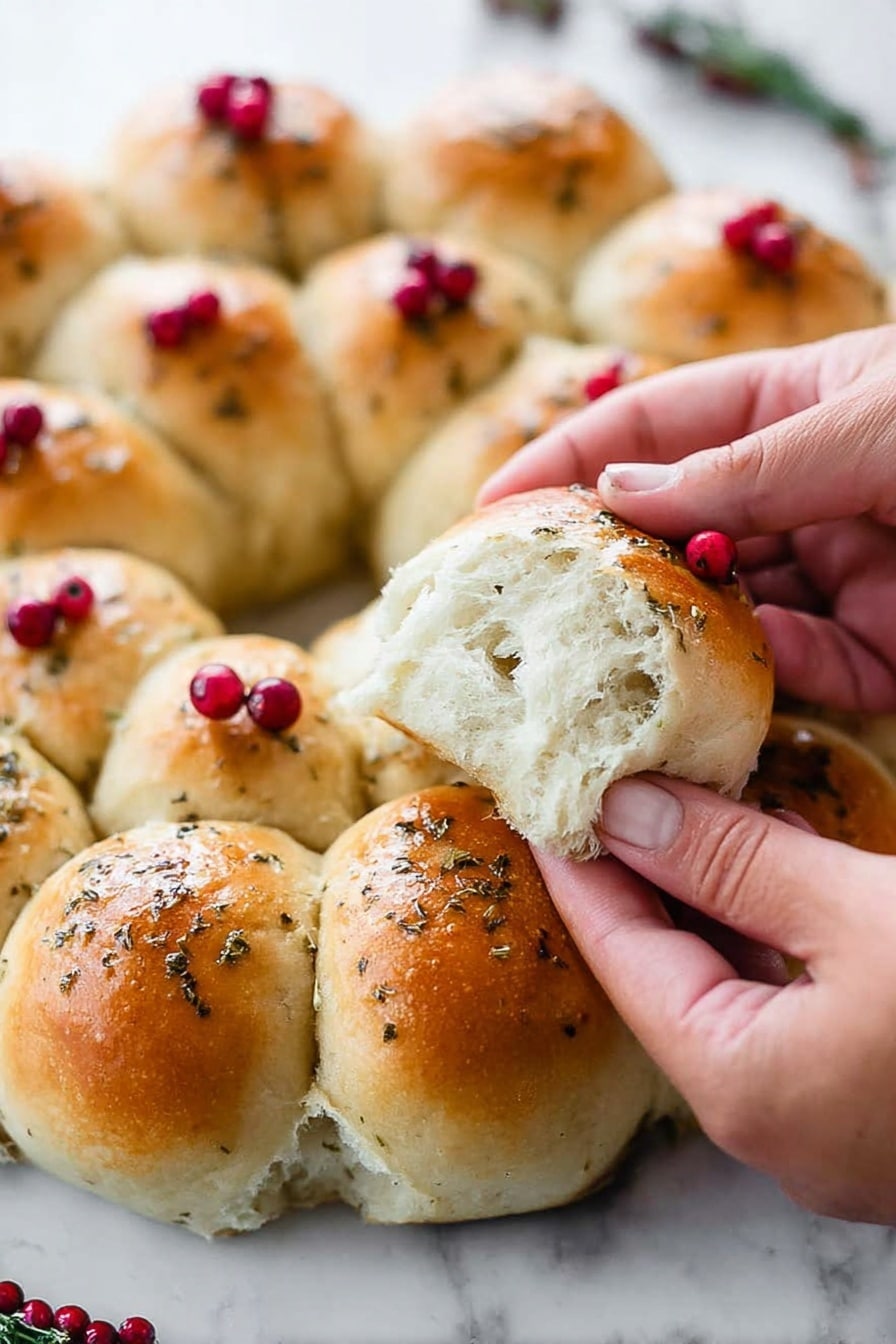The image shows a wreath made of soft, golden-brown dinner rolls arranged in a circle on a white marbled surface, with small red berries placed between some rolls for decoration. In the foreground, a pair of woman's hands is pulling apart one roll, revealing its fluffy white inside. The rolls have a slightly shiny top with a light sprinkling of herbs, adding texture. The wreath and the hands stand out clearly against the clean white marbled background. photo taken with an iphone --ar 2:3 --v 7 - Mini Herb and Fruit Dinner Roll Wreath, herb and fruit dinner rolls, holiday dinner rolls, festive bread wreath, savory fruit bread ring