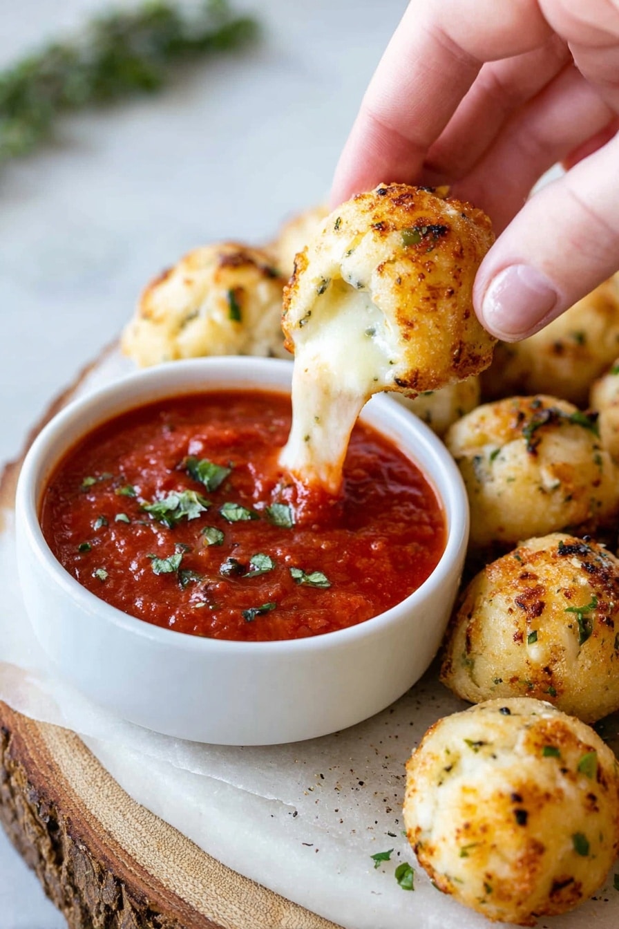 A woman's hand is holding a golden-brown baked dough ball with melted white cheese and green herbs peeking out, dipping it into a small white bowl filled with bright red marinara sauce that has small green herb pieces on top. Around the bowl, there are more golden, baked dough balls with a slightly crispy, textured surface sprinkled with herbs and specks of black seasoning, all placed on a white marbled surface with a piece of rustic wood visible in the background. photo taken with an iphone --ar 2:3 --v 7 - Christmas Tree Cheese Bread, festive cheese bread, holiday pull-apart bread, cheesy Christmas appetizer, holiday bread recipe