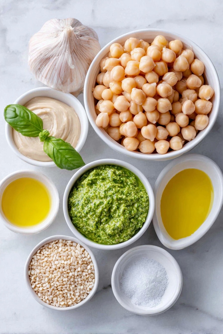 Flat lay of a small pile of fresh, plump chickpeas, a small white ceramic bowl of creamy tahini sesame paste, a small white ceramic bowl with vibrant green basil pesto, a small white ceramic bowl of golden extra virgin olive oil, a small white ceramic bowl with bright yellow freshly squeezed lemon juice, one large uncracked brown garlic clove, a small white ceramic bowl of fine white salt, and a small white ceramic bowl of toasted sesame seeds, all arranged symmetrically and balanced, placed on a clean white marble surface, soft natural light, photo taken with an iPhone, professional food photography style, fresh ingredients, white ceramic bowls, no bottles, no duplicates, no utensils, no packaging --ar 2:3 --v 7 --p m7354615311229779997 - Creamy Pesto Hummus Dip, pesto hummus dip, easy hummus recipes, healthy appetizer dips, flavorful dip recipes