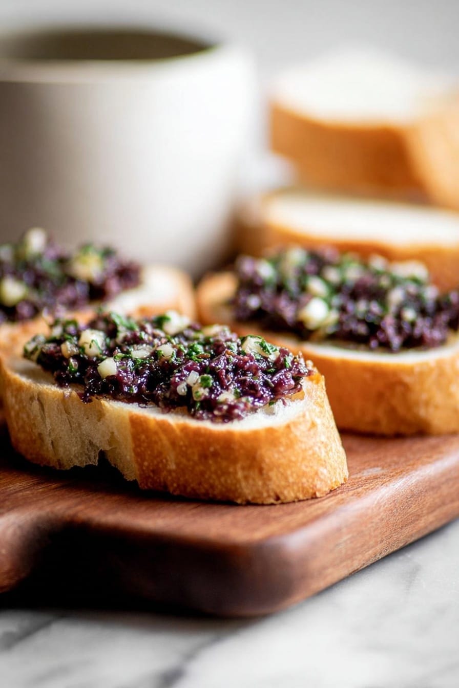 The image shows three small slices of toasted bread with a topping made of finely chopped dark purple olives, green capers, and bits of green herbs spread evenly on each piece. The bread slices have a light golden brown crust and a soft, slightly porous white center. Nearby is a white bowl filled with more of the olive topping, showing a mixture of dark purple, green, and bits of white ingredients with a slightly shiny, moist texture. The food is placed on a wooden cutting board that has a warm brown color, and a textured light gray cloth rests to the side. The background is a white marbled surface. photo taken with an iphone --ar 2:3 --v 7 - Easy Olive Tapenade, olive tapenade recipe, flavorful appetizer, quick tapenade spread, homemade olive spread