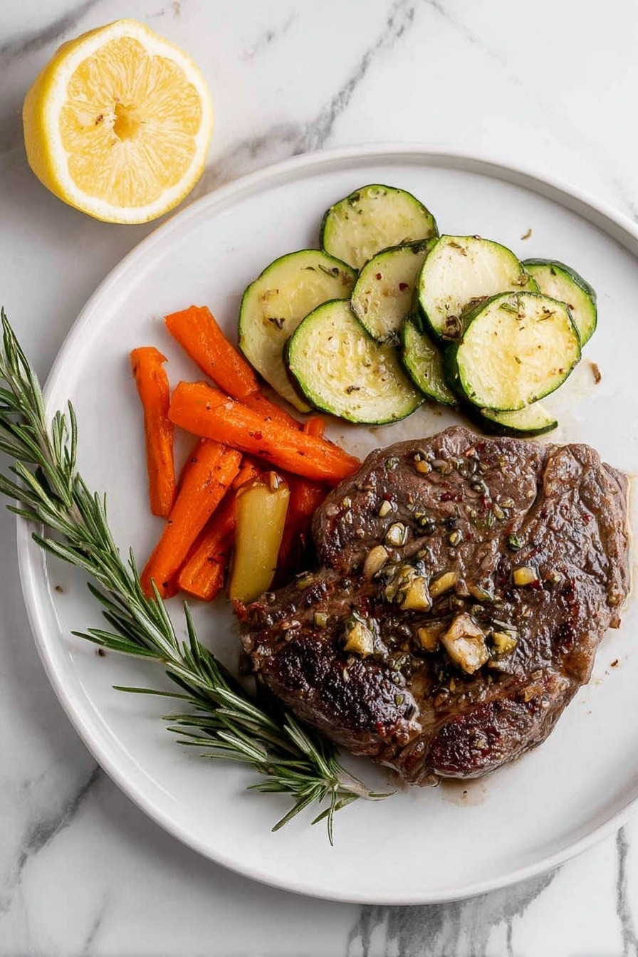 The image shows a sheet pan with two cooked steaks placed near the center, each topped with green herbs and small spices. Around the steaks, there is a mix of roasted vegetables including white potato chunks, orange carrot pieces, green zucchini slices, white onion rings, and purple onion pieces spread evenly. In the middle, there is a whole roasted garlic bulb with a light golden brown top. Two lemon halves with bright yellow flesh are placed, one near the bottom center and one at the top left corner, adding color contrast. Sprigs of dried herbs are scattered across the pan, and the pan itself rests on a white marbled surface. photo taken with an iphone --ar 2:3 --v 7 - Oven-Roasted Lamb Chops with Vegetables, Lamb Chops with Vegetables, Roasted Lamb Dinner, Easy Lamb Chops Recipe, Juicy Lamb Chops and Vegetables