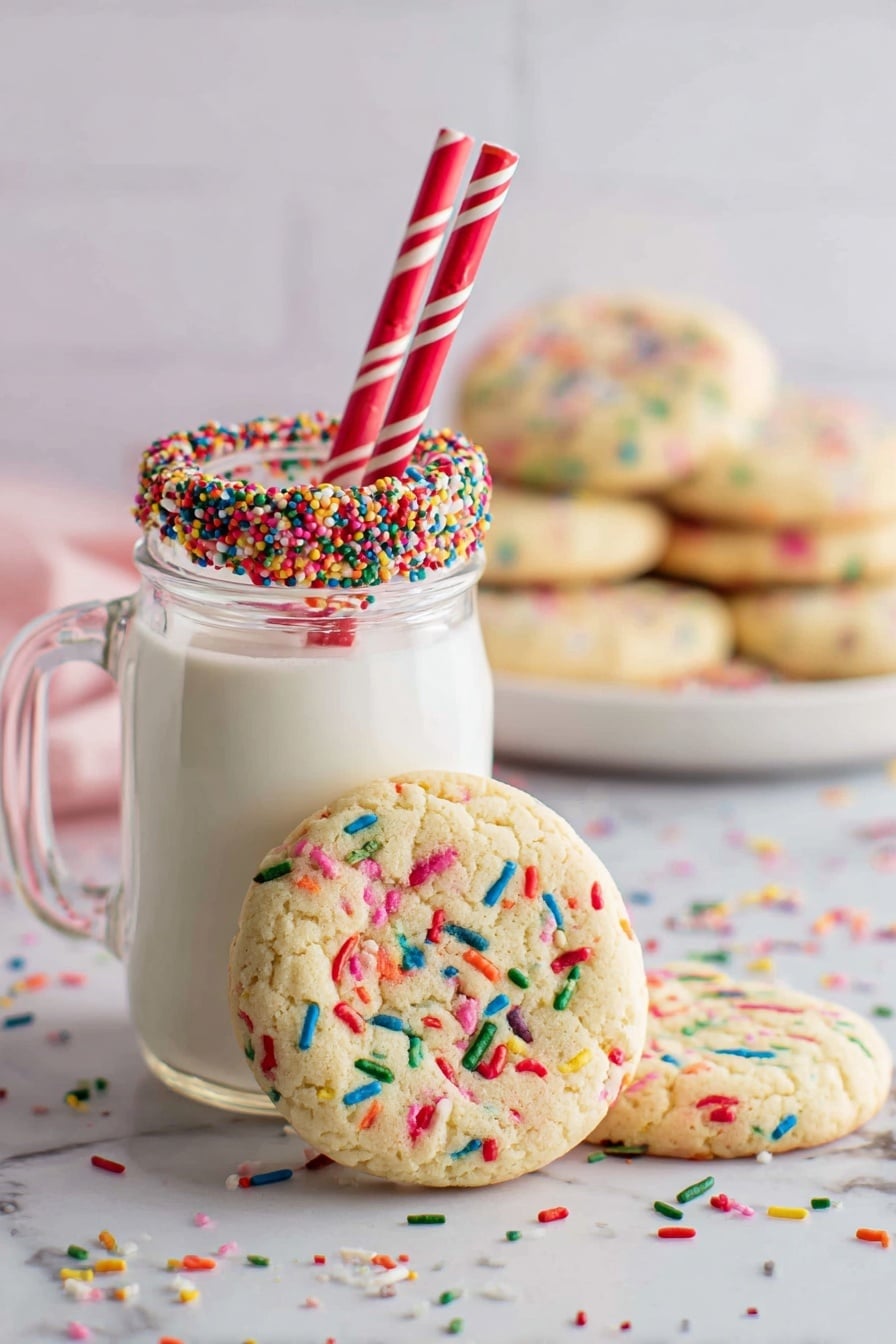Three round cookies with a light beige color and colorful sprinkles scattered on top lean against a clear glass mug filled with white milk. The jar has a rim coated with white frosting covered in multicolored sprinkles. Two red and white striped straws stick out of the milk. The background is a white marbled surface with some sprinkles spread around, and in the back, there is a white plate with more cookies slightly blurred. photo taken with an iphone --ar 2:3 --v 7 - Funfetti Cookie, colorful cookies, festive cookie recipe, soft chewy cookies, sprinkles sugar cookies