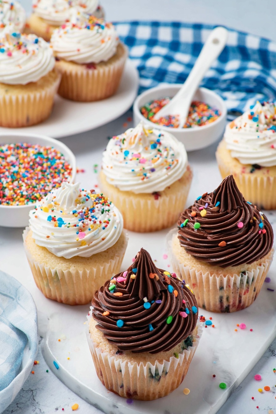 The image shows a group of vanilla cupcakes with colorful sprinkles baked inside, each topped with a swirl of thick, smooth frosting. There are two types of frosting: rich chocolate brown and bright white, both piped in a tall, spiraled peak on top of the cupcakes. The cupcakes are arranged closely together on white parchment paper, which lies on a white marbled surface scattered with a few loose rainbow sprinkles. The background is slightly blurred but shows more cupcakes and a faint glimpse of blue and white checkered cloth. The whole scene is brightly lit with soft natural light, emphasizing the creamy texture and slight sheen of the frosting photo taken with an iphone --ar 2:3 --v 7 - Funfetti Cupcake, colorful cupcake recipe, easy festive cupcakes, moist birthday cupcakes, cheerful party treats