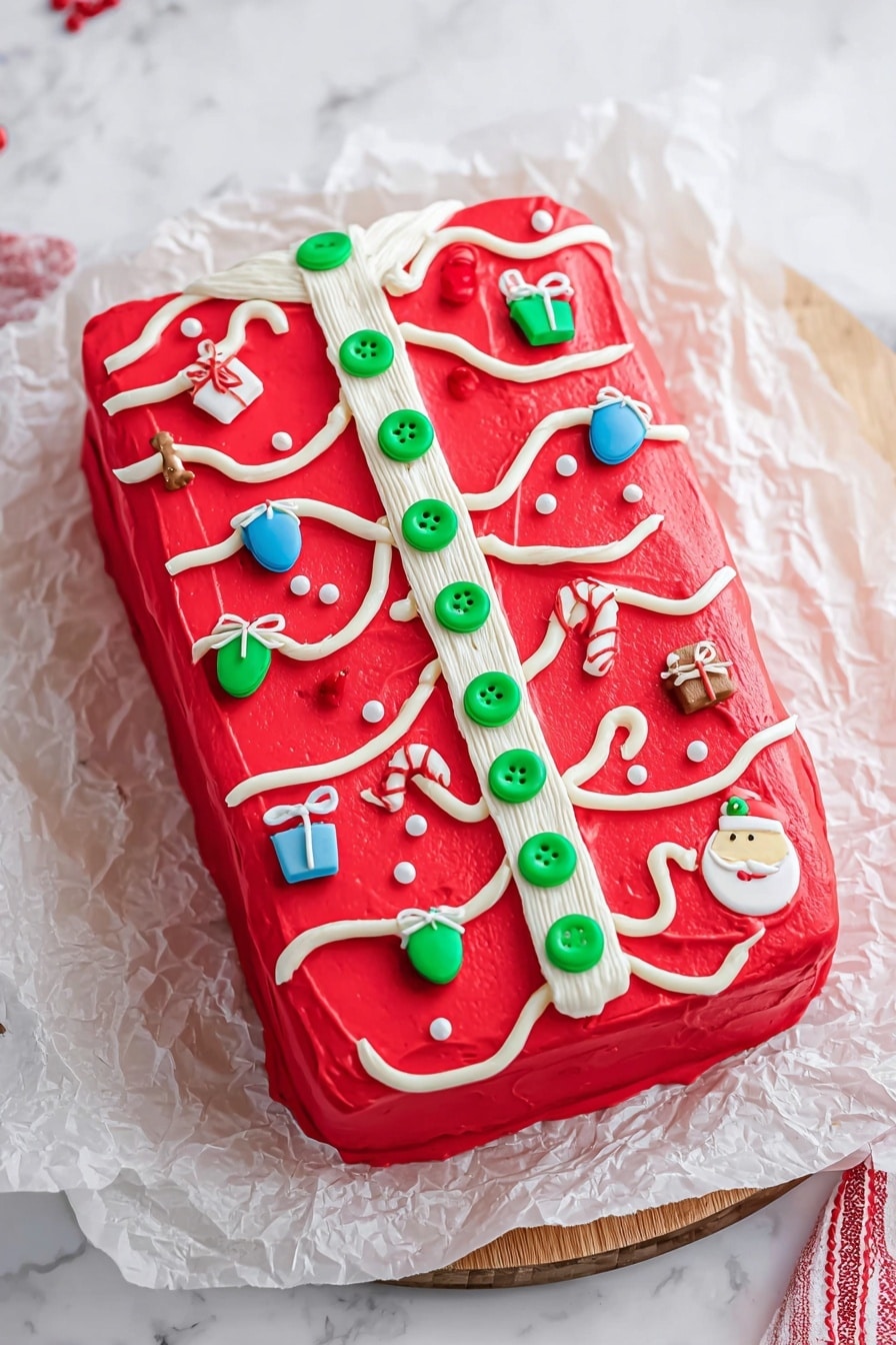The image shows a square slice of yellow cake with one thick layer topped with bright red frosting, which covers the entire top surface. On top of the red frosting are small Christmas-themed edible decorations, including a Santa face with white and red icing, a reindeer face with brown icing and colorful Christmas light details, a green and red present, and a green candy placed in white whipped cream that forms a diagonal swirl across the right side of the cake slice. The cake slice sits on a plain white plate, and in the background, the remaining cake is visible with similar red frosting and white decorations in a white plate, all set on a white marbled textured surface with a red and white striped cloth partially visible. Photo taken with an iphone --ar 2:3 --v 7 - Ugly Sweater Cake Decorative Christmas Cake Fun Holiday Baking Festive Dessert Easy Ugly Sweater Cake