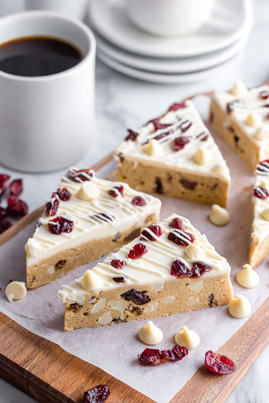 This image shows a close-up of triangular cookie bars laid on a wooden board with white parchment paper. Each cookie bar has two layers: the bottom layer is golden brown with a crumbly texture, and the top layer is thick white frosting with visible shredded coconut and red dried fruit pieces sprinkled evenly over it. Some dried fruit pieces are scattered on the board near the bars. The background is a white marbled surface. photo taken with an iphone --ar 2:3 --v 7 - Cranberry White Chocolate Bliss Bars, festive cranberry white chocolate bars, easy holiday bar recipe, sweet tangy white chocolate bars, Christmas dessert bars