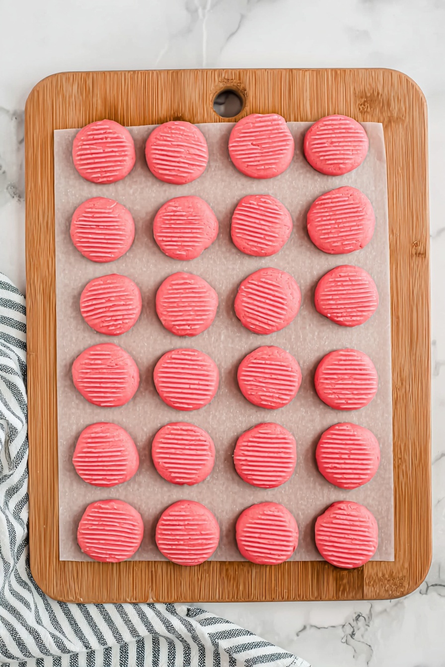 The image shows a wooden cutting board with a sheet of parchment paper on top, holding 35 small round pink dough shapes arranged in 5 rows and 7 columns. Each dough piece is flat and smooth with four parallel lines pressed into the top side, giving a textured pattern. The dough has a bright pink color with a shiny, slightly glossy surface. The cutting board rests on a white marbled textured background, and there is a folded striped cloth on the bottom left corner of the image. photo taken with an iphone --ar 2:3 --v 7 - Strawberry Mint Candies, Strawberry Mint Candies, homemade strawberry candies, mint flavored candies, easy fruit candies