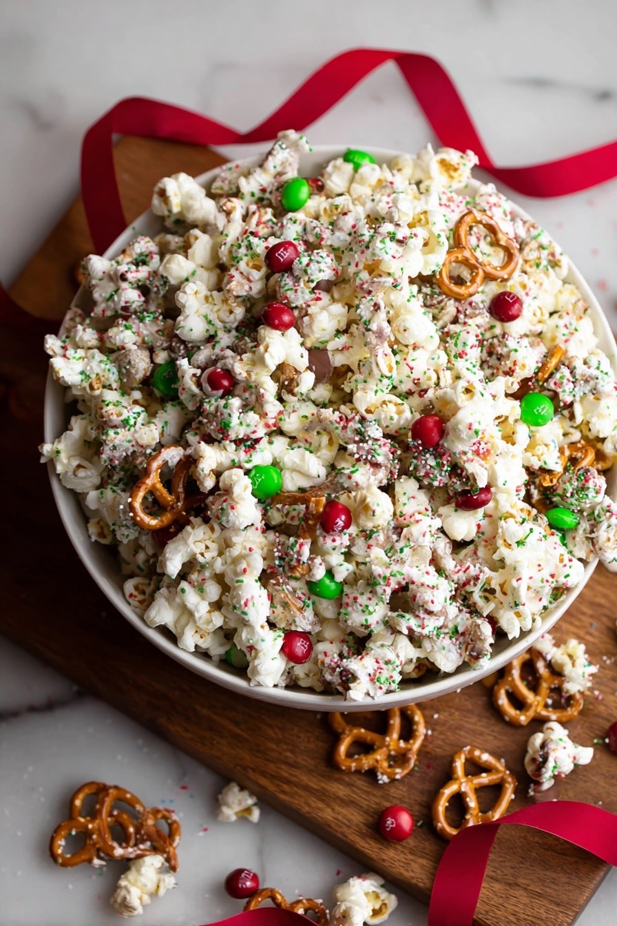 A large white bowl is full and overflowing with white popcorn mixed with small brown pretzels and red and green candy-coated chocolates. The popcorn and pretzels are lightly coated with a glossy white coating, and the mix is sprinkled with tiny red, green, and dark-colored round sprinkles. Some of the popcorn mix is scattered around the bowl on a wooden surface, and a dark red ribbon lies loosely near the bowl. The background is dark, making the colorful snack mix stand out. photo taken with an iphone --ar 2:3 --v 7 - White Chocolate Christmas Popcorn, festive holiday popcorn, sweet and salty holiday snacks, easy holiday popcorn ideas, Christmas party treats