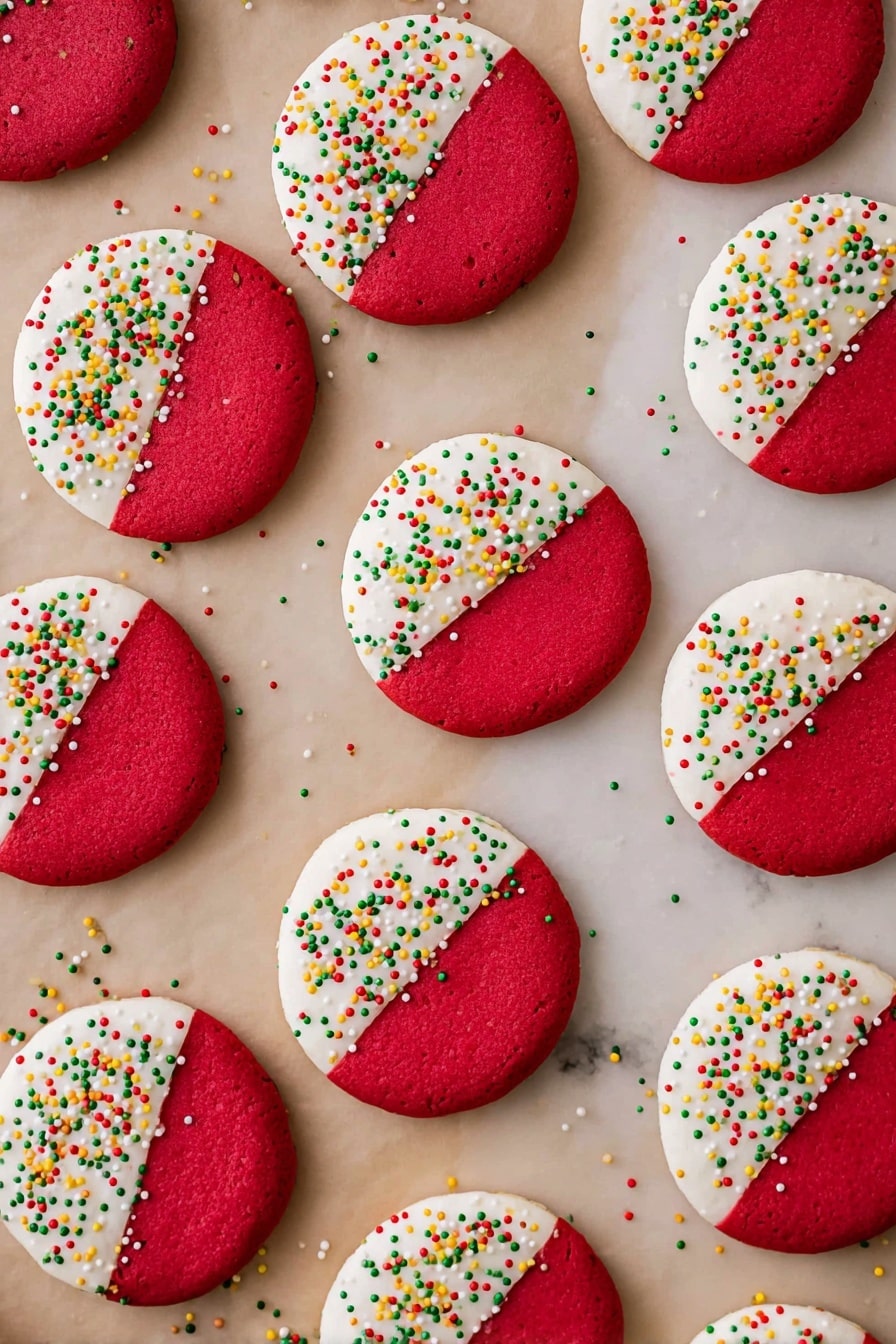 The image shows many round cookies placed on a light brown paper over a white marbled surface. Each cookie is divided into two equal halves: one half is bright red and smooth, while the other half is covered with thick white icing. The white icing side is decorated with small round sprinkles in green, red, yellow, and white colors. The cookies are evenly spaced but not perfectly aligned, and some sprinkles are scattered around them on the paper. photo taken with an iphone --ar 2:3 --v 7 - Red Velvet Shortbread Cookies with White Chocolate, red velvet shortbread cookies, white chocolate cookie dip, buttery shortbread cookies, festive red velvet treats
