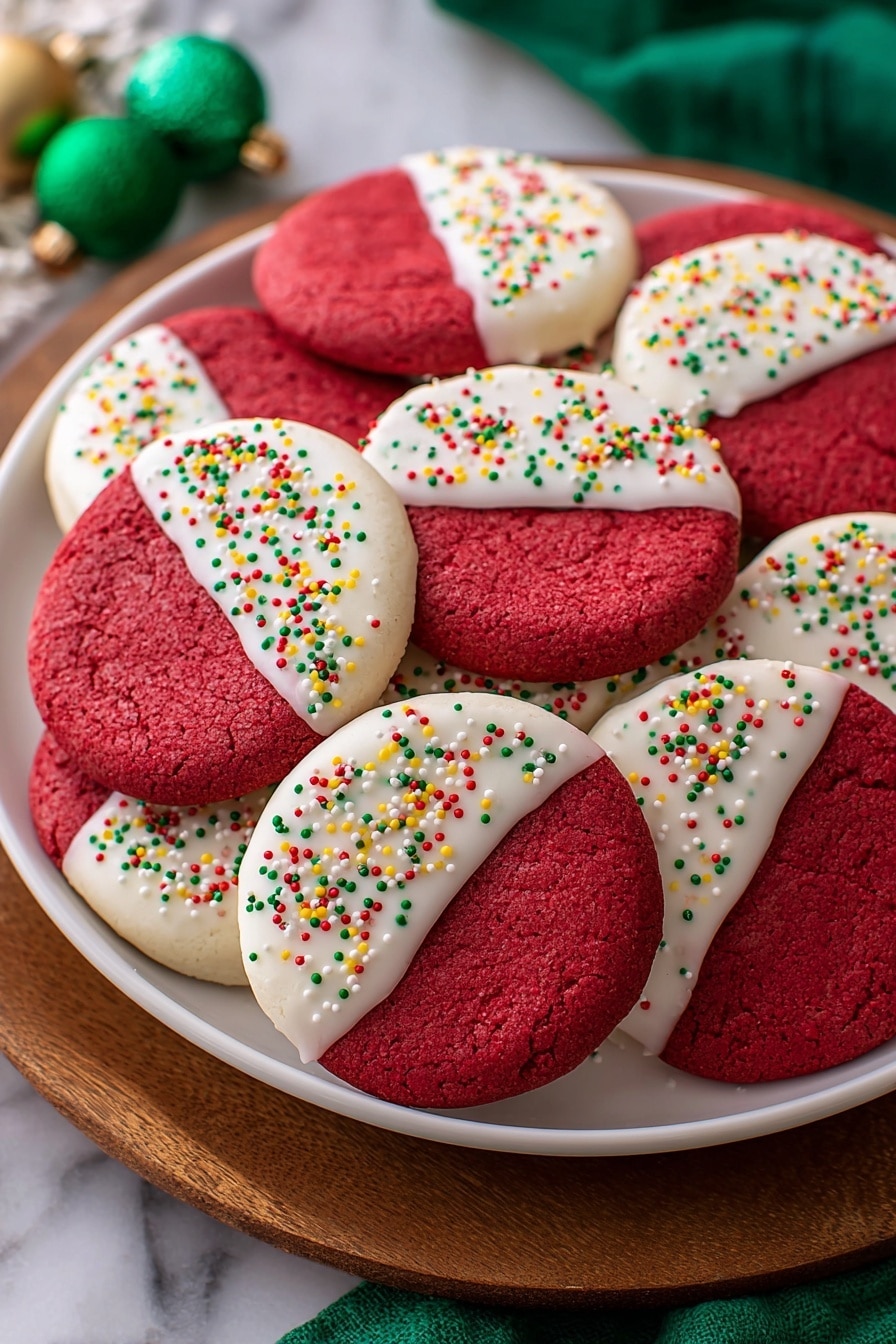 A white plate full of round cookies, each cookie half covered with smooth white icing and colorful red, green, yellow, and white round sprinkles, while the other half shows a rich red cookie surface. The cookies are stacked close together, resting on a wooden round board, with a green cloth and green Christmas ornaments visible in the background. The texture of the cookies looks soft with a matte finish, and the icing is shiny and smooth. The scene is set on a white marbled surface photo taken with an iphone --ar 2:3 --v 7 - Red Velvet Shortbread Cookies with White Chocolate, red velvet shortbread cookies, white chocolate cookie dip, buttery shortbread cookies, festive red velvet treats