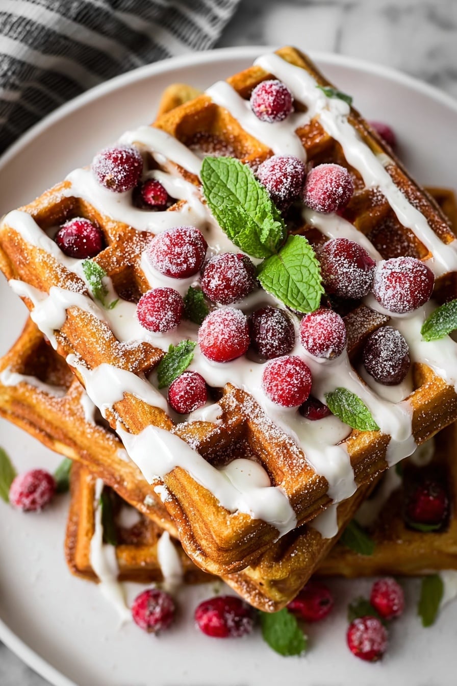A stack of four golden brown waffles is arranged on a white plate, each waffle showing a crisp, textured surface with deep grid patterns. White cream is drizzled diagonally across the waffles in smooth, thick lines. Bright red cranberries coated with a light dusting of frost are scattered across the top waffle and along the cream lines, adding a pop of color. Fresh green mint leaves are placed both on top and around the cranberries, bringing a fresh contrast to the warm waffles. The plate rests on a white marbled surface, and a gray striped cloth is partially visible in the top left corner. photo taken with an iphone --ar 2:3 --v 7 - Gingerbread Waffles with Cream Cheese Glaze, gingerbread waffle recipe, spiced holiday waffles, cozy breakfast waffles, easy gingerbread waffles