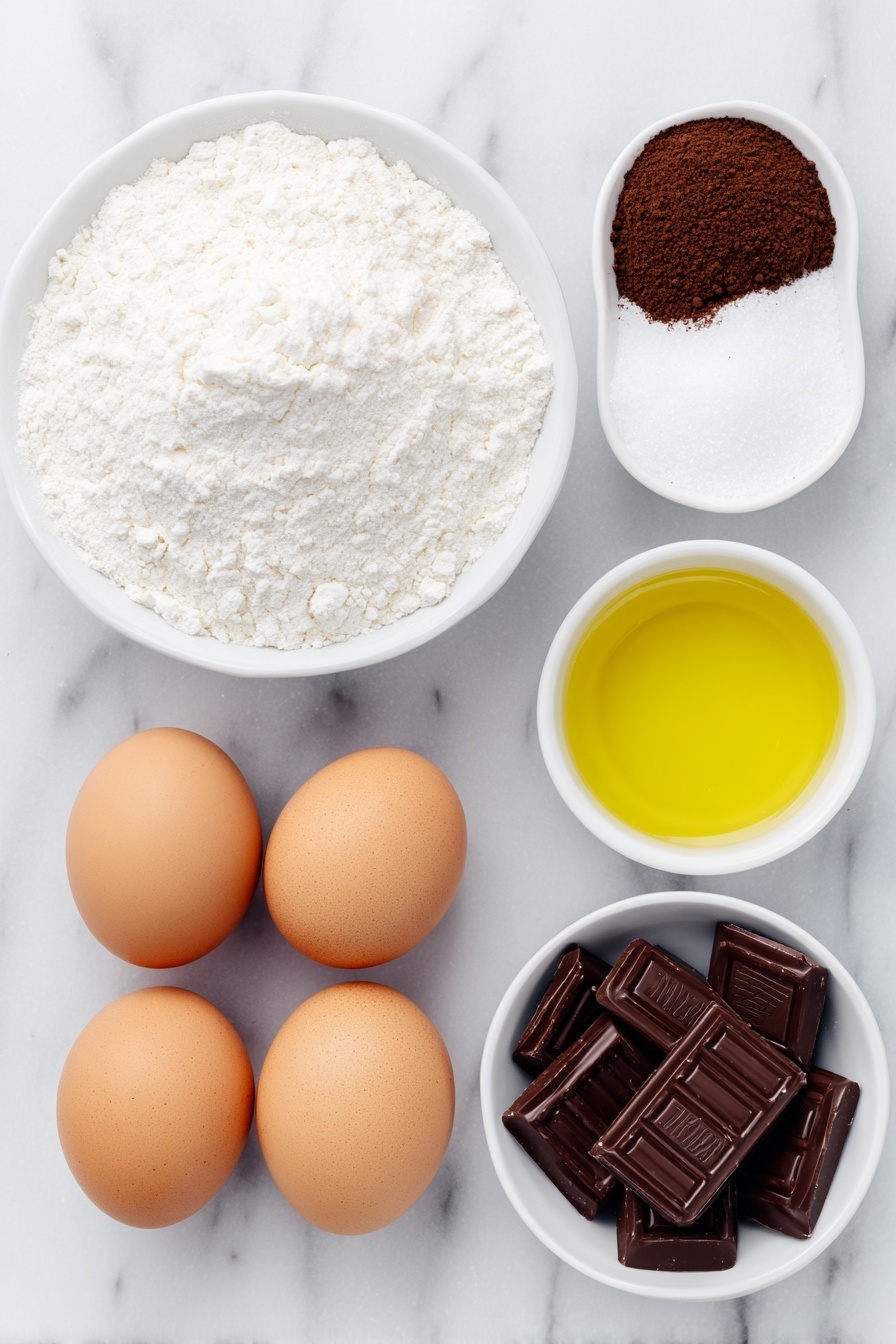 Flat lay of a small mound of all-purpose flour in a simple white ceramic bowl, a small white bowl of granulated sugar, a small white bowl of unsweetened cocoa powder, a small white bowl filled with golden vegetable oil, four whole uncracked brown eggs arranged neatly, a few drops of vanilla extract pooled in a tiny white bowl, two small white bowls—one with fine baking powder and one with salt, and a neat pile of unwrapped shiny green-and-red foil Andes Mints chocolates, all placed with perfect symmetry on a clean white marble surface, soft natural light, photo taken with an iPhone, professional food photography style, fresh ingredients, white ceramic bowls, no bottles, no duplicates, no utensils, no packaging --ar 2:3 --v 7 --p m7354615311229779997 - Andes Mint Cookies, Mint Chocolate Cookies, Easy Mint Cookies, Holiday Cookie Recipes, Chocolate Mint Desserts