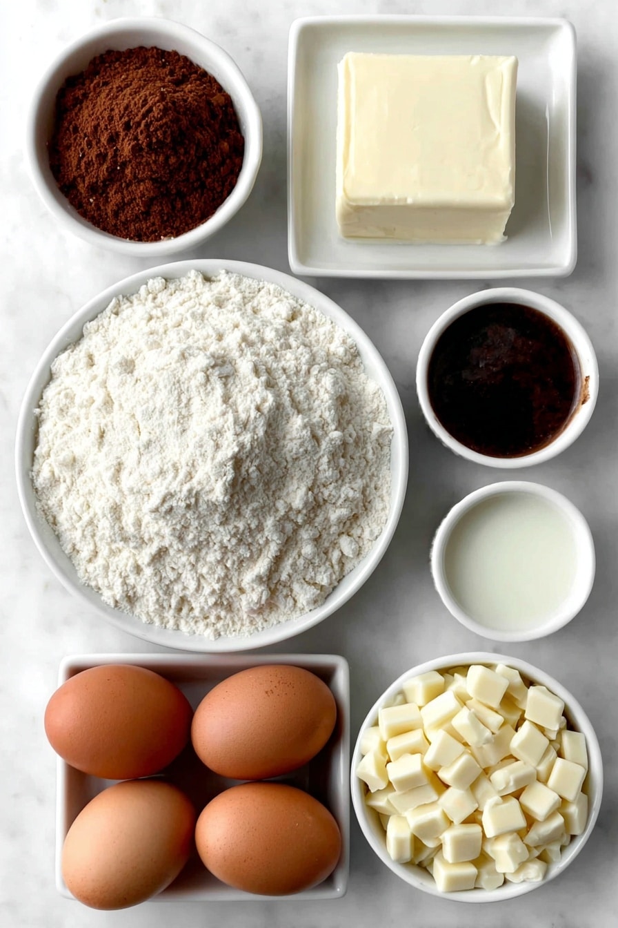 Flat lay of a small mound of all-purpose flour on a simple white ceramic plate, a neat pile of ground ginger with cinnamon, nutmeg, and cloves on a white ceramic dish, two whole brown eggs with clean shells arranged side by side, a square of unsalted butter slightly softened on a white ceramic dish, a small white ceramic bowl filled with dark brown sugar, a small white ceramic bowl containing thick dark molasses, a small white ceramic bowl with a pale liquid representing milk, and a small white ceramic bowl filled with chopped white chocolate chunks, all ingredients fresh and natural, perfectly spaced and symmetrical, placed on a clean white marble surface, soft natural light, photo taken with an iPhone, professional food photography style, fresh ingredients, white ceramic bowls, no bottles, no duplicates, no utensils, no packaging --ar 2:3 --v 7 --p m7354615311229779997 - White Chocolate Gingerbread Star Cookies, festive holiday cookies, gingerbread star cookies with white chocolate, spiced holiday cookies, easy gingerbread cookies recipe