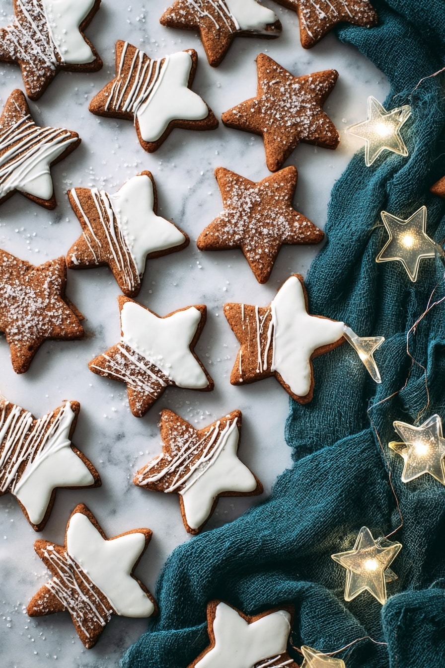 The image shows several star-shaped brown cookies on a white marbled surface. Some cookies have a shiny white icing layer partially covering one side, with a sprinkle of coarse sugar on top, while others have thin white icing lines crisscrossing over the entire surface, also dusted with sugar. The cookies are arranged around dark teal, loosely folded fabric that adds texture and contrast. The scene is close-up, showing the cookie details clearly. Photo taken with an iphone --ar 2:3 --v 7 - White Chocolate Gingerbread Star Cookies, festive holiday cookies, gingerbread star cookies with white chocolate, spiced holiday cookies, easy gingerbread cookies recipe