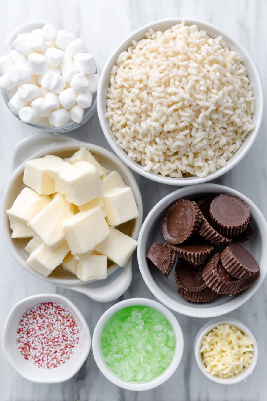 Flat lay of diced pieces of salted butter, a small bowl of mini white marshmallows, a small bowl of bright green gel food coloring, a simple white ceramic bowl filled with puffed Rice Krispies cereal, a small bowl of white decorating icing, sixteen unwrapped miniature Reeses peanut butter cups, a small bowl of round red sprinkles, and a small bowl of yellow star-shaped sprinkles placed on a clean white marble surface, soft natural light, photo taken with an iPhone, professional food photography style, fresh ingredients, white ceramic bowls, no bottles, no duplicates, no utensils, no packaging --ar 2:3 --v 7 --p m7354615311229779997 - Christmas Tree Rice Krispies Treats, Festive holiday treats, Easy Christmas dessert ideas, Christmas snack recipes, No-bake holiday treats