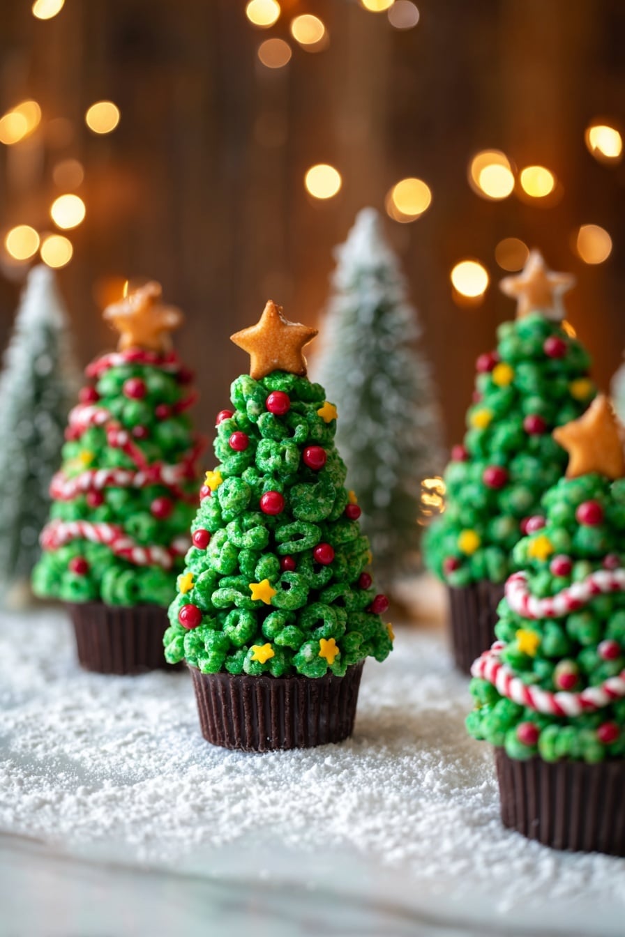 The image shows several small Christmas tree-shaped treats standing on a white marbled surface covered with white powdered sugar resembling snow. Each tree has three main layers: a base layer made from a brown ridged cup acting as the tree trunk, a middle layer formed by tightly packed green cereal clusters that create the shape of a tree, and a top orange star shaped decoration. The green cereal layer is decorated with small red round candy balls and tiny yellow star sprinkles. Some trees in the background have additional white icing swirls wrapped around the green cereal layer to mimic garlands. The overall scene has warm golden bokeh lights in the dark blurred background, making the green and red colors stand out. photo taken with an iphone --ar 2:3 --v 7 - Christmas Tree Rice Krispies Treats, Festive holiday treats, Easy Christmas dessert ideas, Christmas snack recipes, No-bake holiday treats