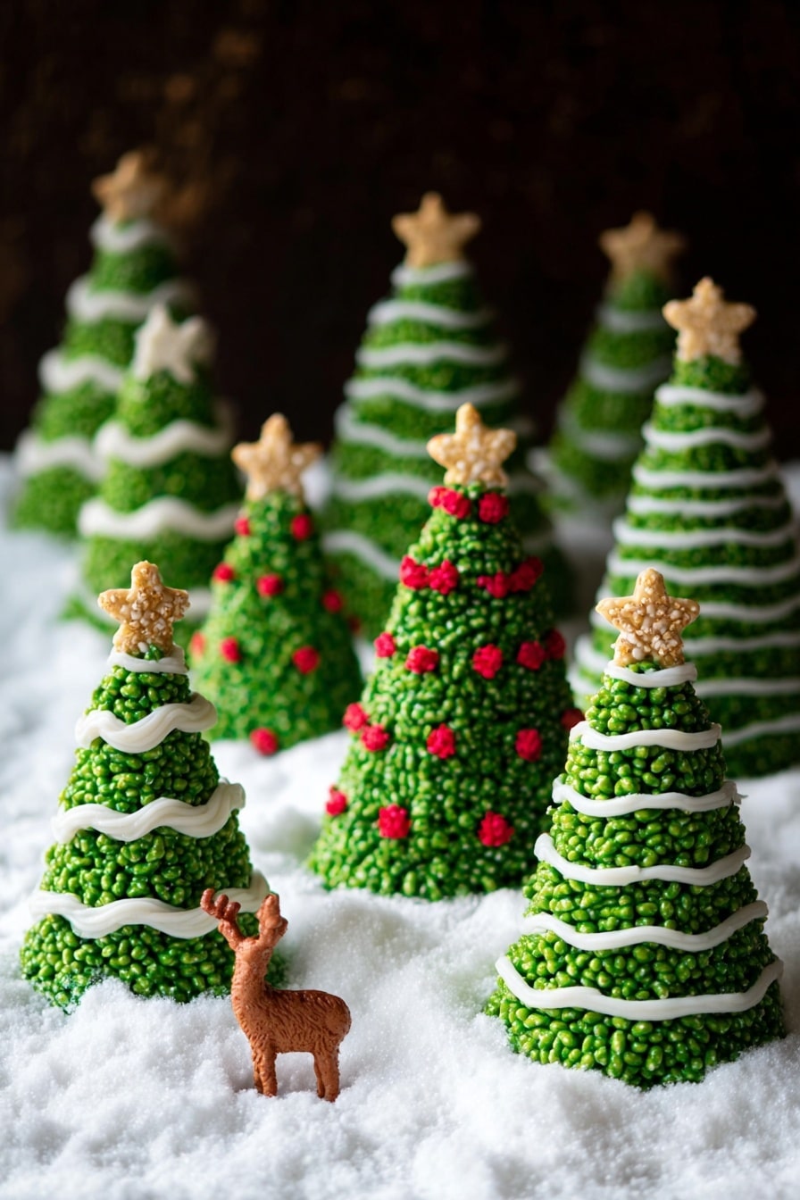 The image shows small Christmas tree-shaped treats standing upright on a white marbled surface dusted with powdered sugar that looks like snow. Each tree has three visible layers: a dark brown base resembling a cupcake liner, a middle layer formed by bright green cereal pieces tightly packed together with small red candy balls and tiny yellow star sprinkles placed evenly around the tree, and a small orange star cookie on top. The trees vary slightly in decoration; some have white icing spirals or red and white candy dots wrapped around them. Soft yellow bokeh lights glow warmly in the blurred wooden background. Photo taken with an iphone --ar 2:3 --v 7 - Christmas Tree Rice Krispies Treats, Festive holiday treats, Easy Christmas dessert ideas, Christmas snack recipes, No-bake holiday treats