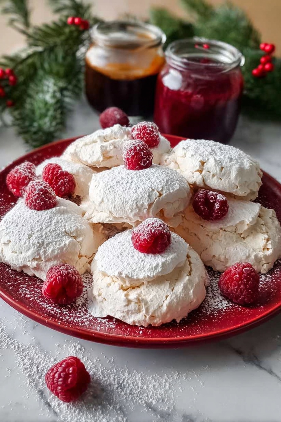 A red round plate holds seven light beige meringue cookies with a rough texture and slight cracks. Each meringue is dusted with white powdered sugar, giving a soft snowy look. Fresh raspberries, deep red and juicy, are placed on top of some meringues and scattered around the plate. In the background, two small glass jars sit on a white marbled surface, one filled with a dark chocolate sauce and the other with a red berry sauce. Some green pine branches with small red berries add a festive touch behind the jars. The photo taken with an iphone --ar 2:3 --v 7 - Mini Pavlovas with Raspberry Sauce, Pavlova dessert, Raspberry sauce recipe, Elegant mini desserts, Easy pavlova ideas